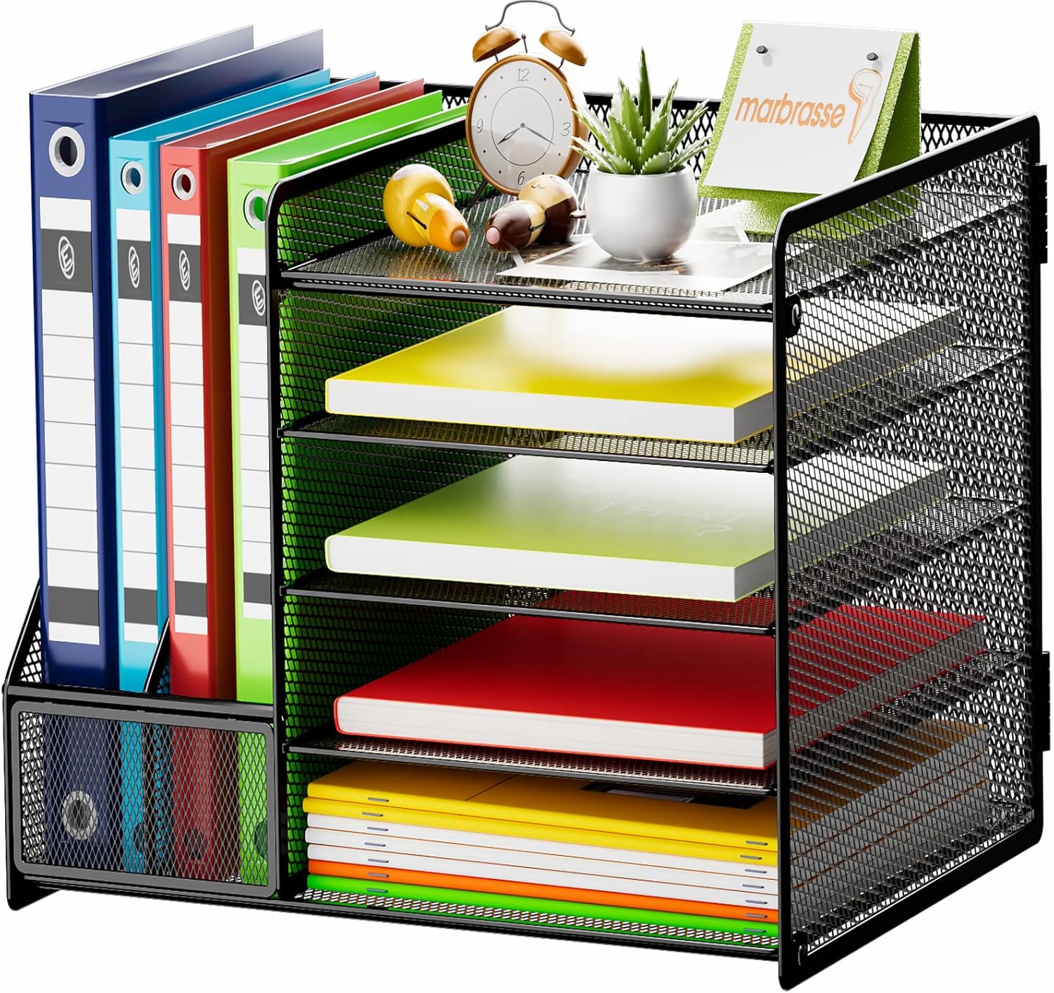 Marbrasse Organizador de escritorio con soporte para archivos + bandeja de papel de 5 niveles con soporte para archivos+cajón y 2 soportes para