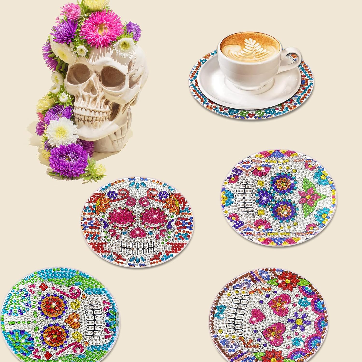 AHCSMRE Juego de 10 posavasos de diamantes de calavera de Halloween, posavasos de pintura artística con soportes, posavasos de diamante