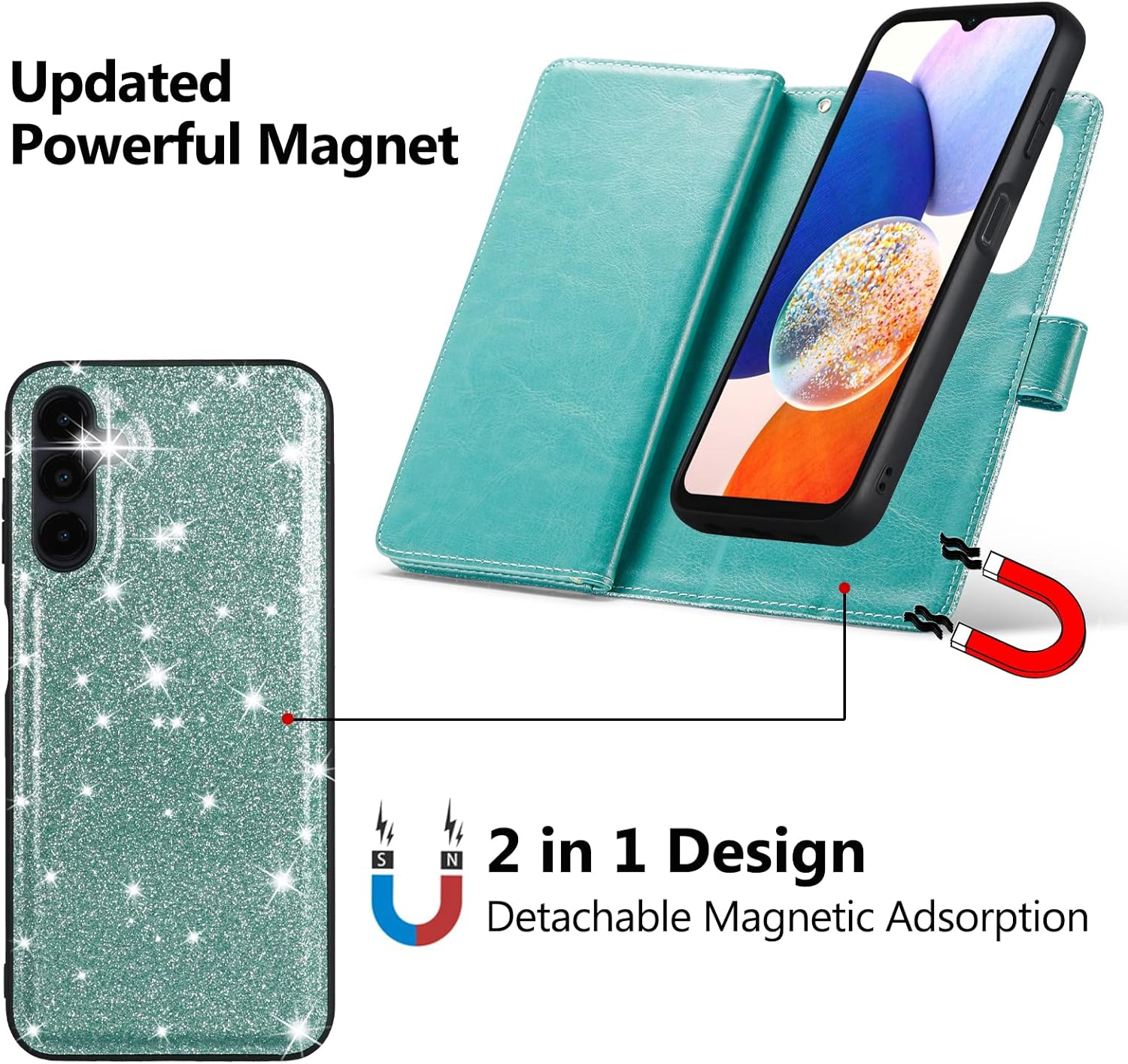 Varikke Funda para Samsung Galaxy A14 5G, magnética desmontable para Samsung A14 5G, cartera con tarjetero y correa de muñeca con purpurina de piel