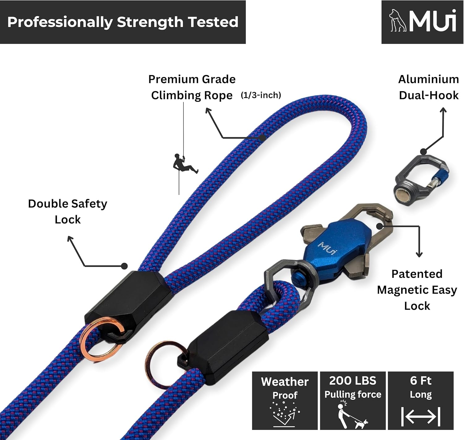 MUI – Correas magnéticas para perros grandes, resistente, correa de perro de 6 pies con fácil conexión de doble gancho, funciona con cualquier