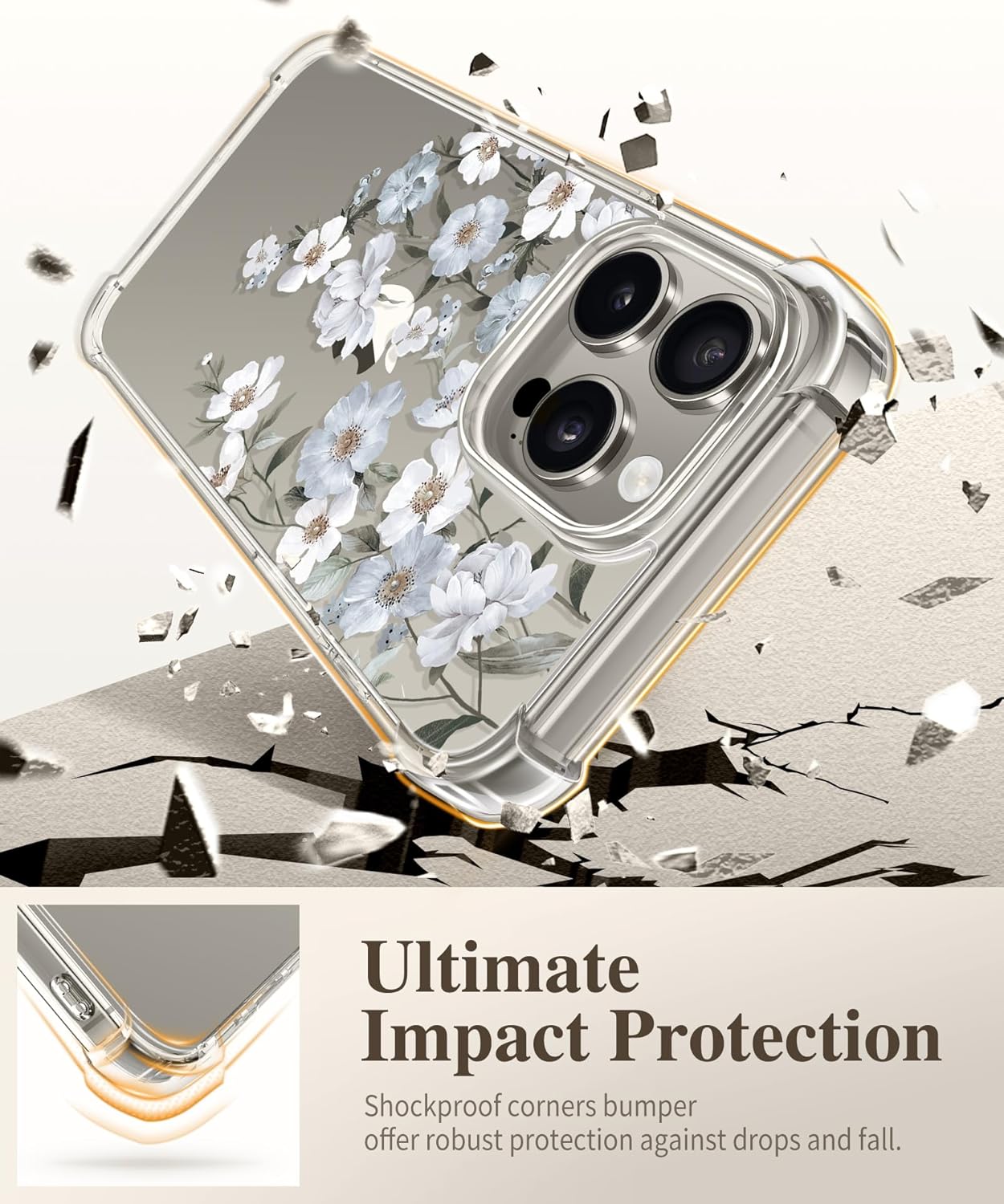 GVIEWIN Funda para iPhone 15 Pro Max floral, con protector de pantalla y protector de lente de cámara, PC duro + TPU parachoques a prueba de golpes