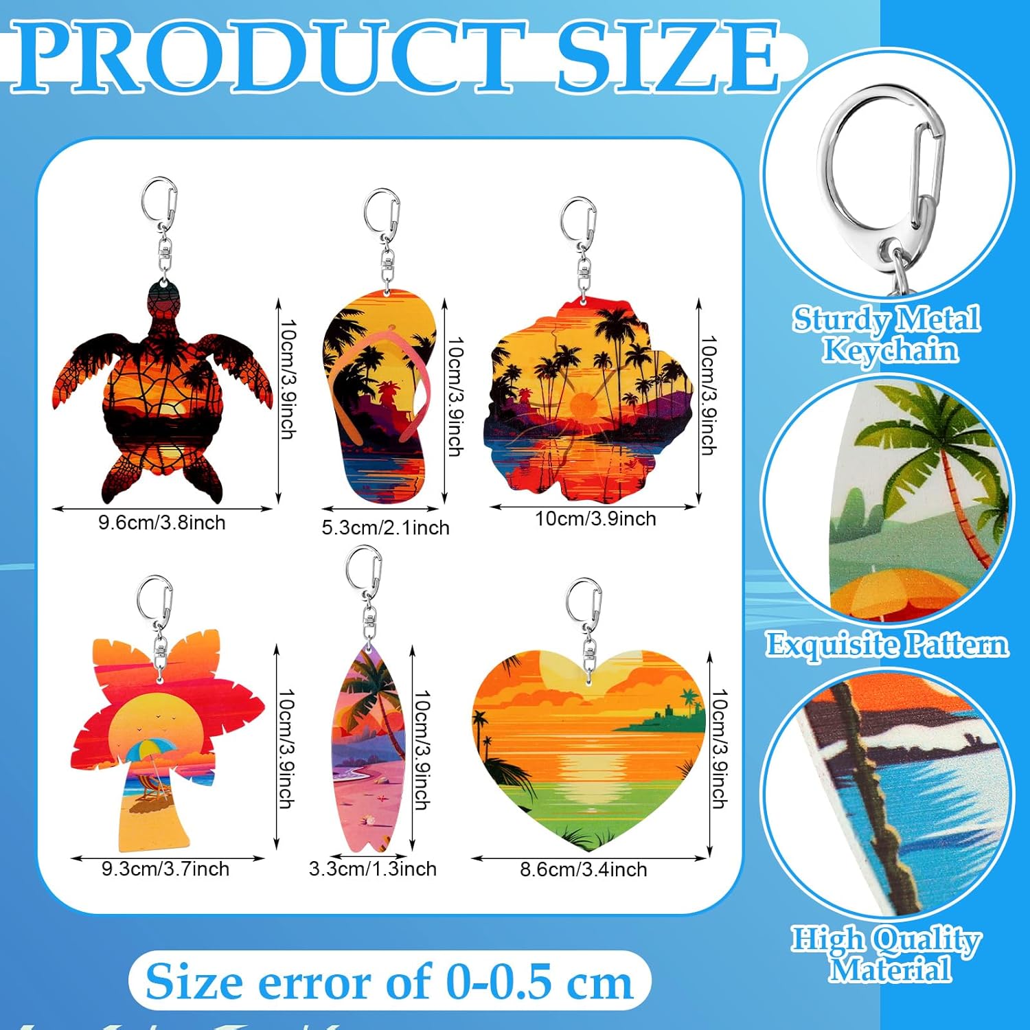 Bucherry Juego de 36 llaveros para regalos de playa, juego de regalo de madera a granel para tabla de surf, tortuga marina, cocotero, llaveros de la