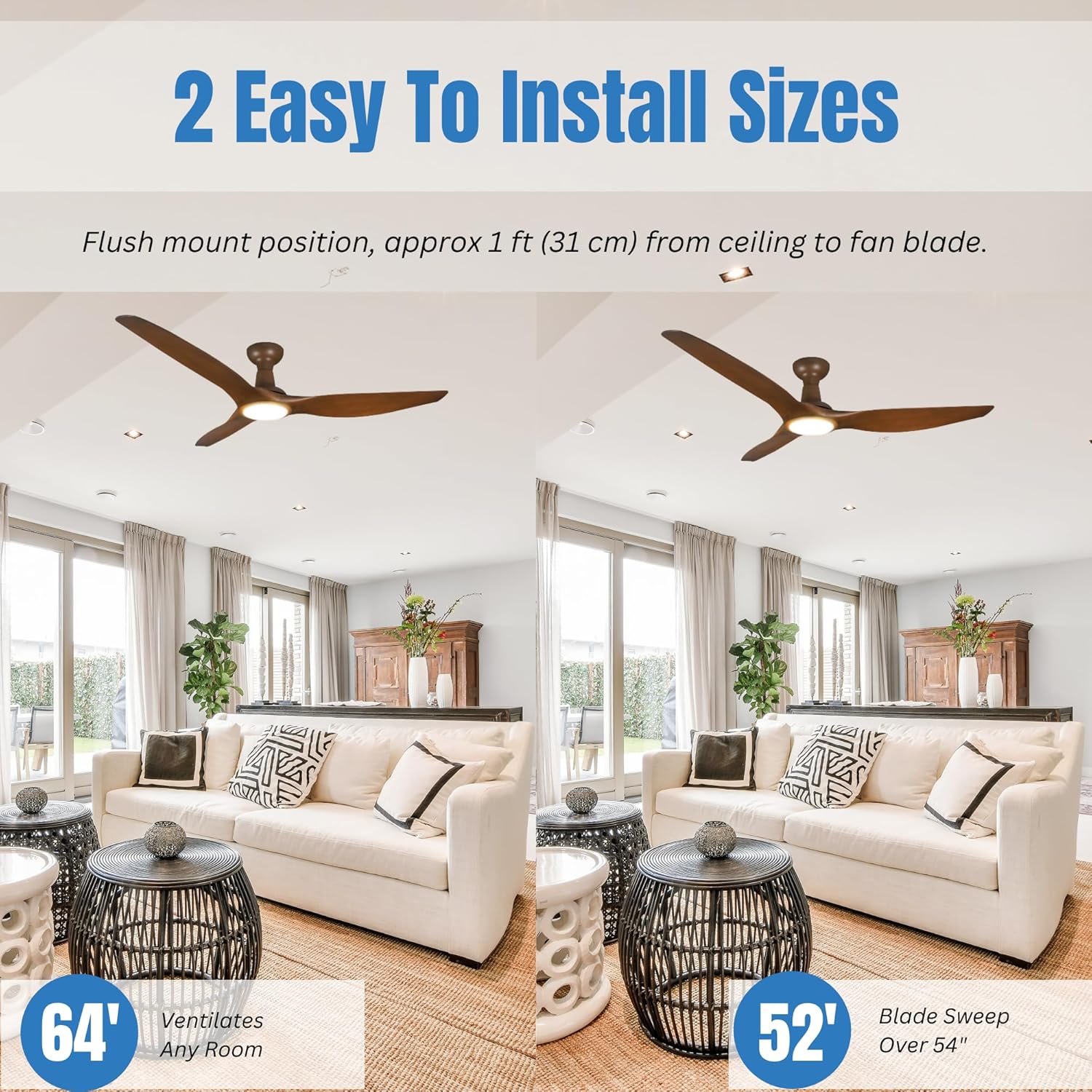 Venta Ventilador de techo de 3 aspas con certificación ETL de 64 pulgadas con control remoto de luces, color madera natural con luz LED y
