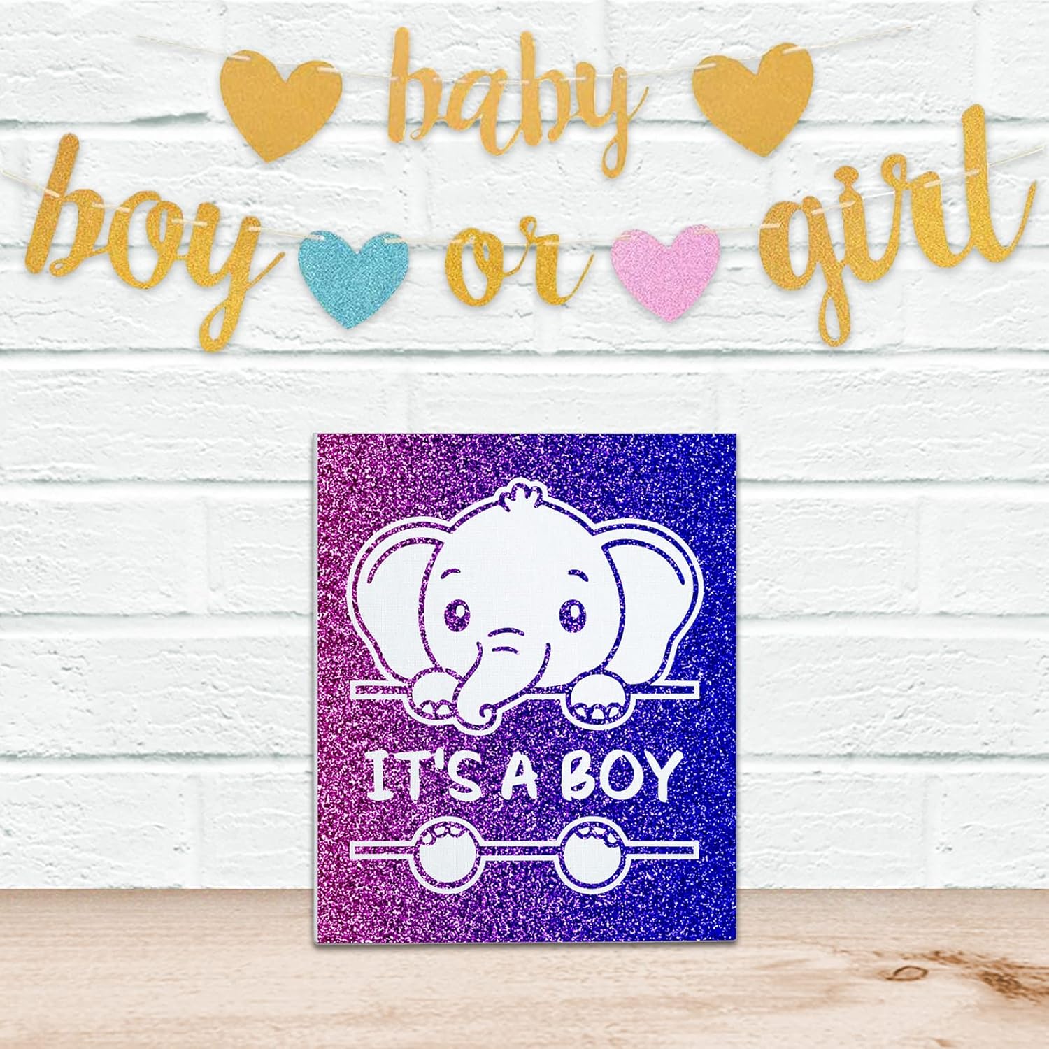 Juego de mesa de lienzo para revelación de género con confeti azul y rosa con purpurina, elefante para baby shower, suministros para fiesta de