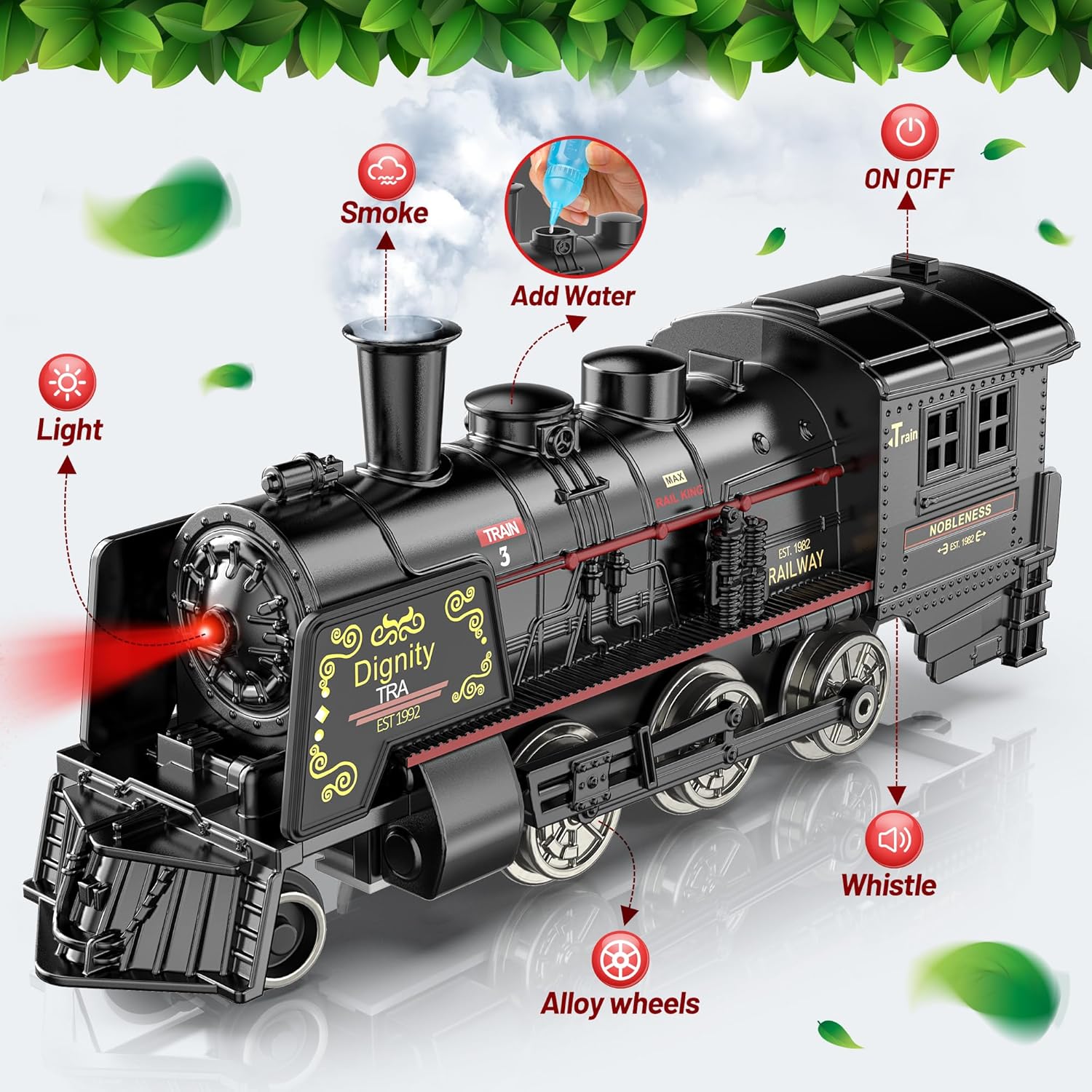 Hot Bee Juego de tren  Modelo de juguetes de tren con vagones de pasajeros brillantes, locomotora de vapor y pistas, trenes eléctricos de metal con
