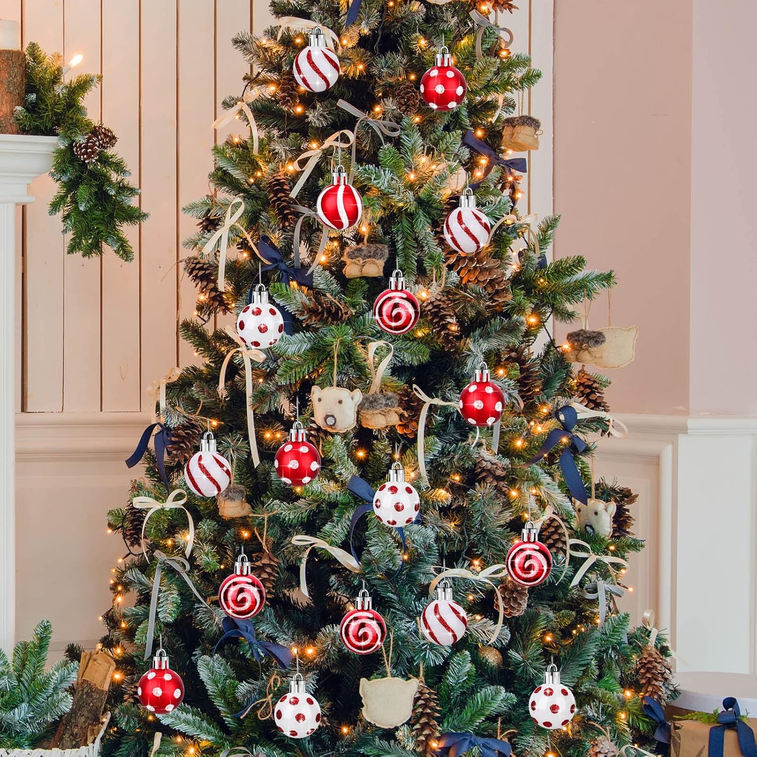 Bolas de Navidad adornos mini colgantes para árbol de Navidad, bolas de Navidad rojas y blancas, adornos decorativos para colgar con lazo para