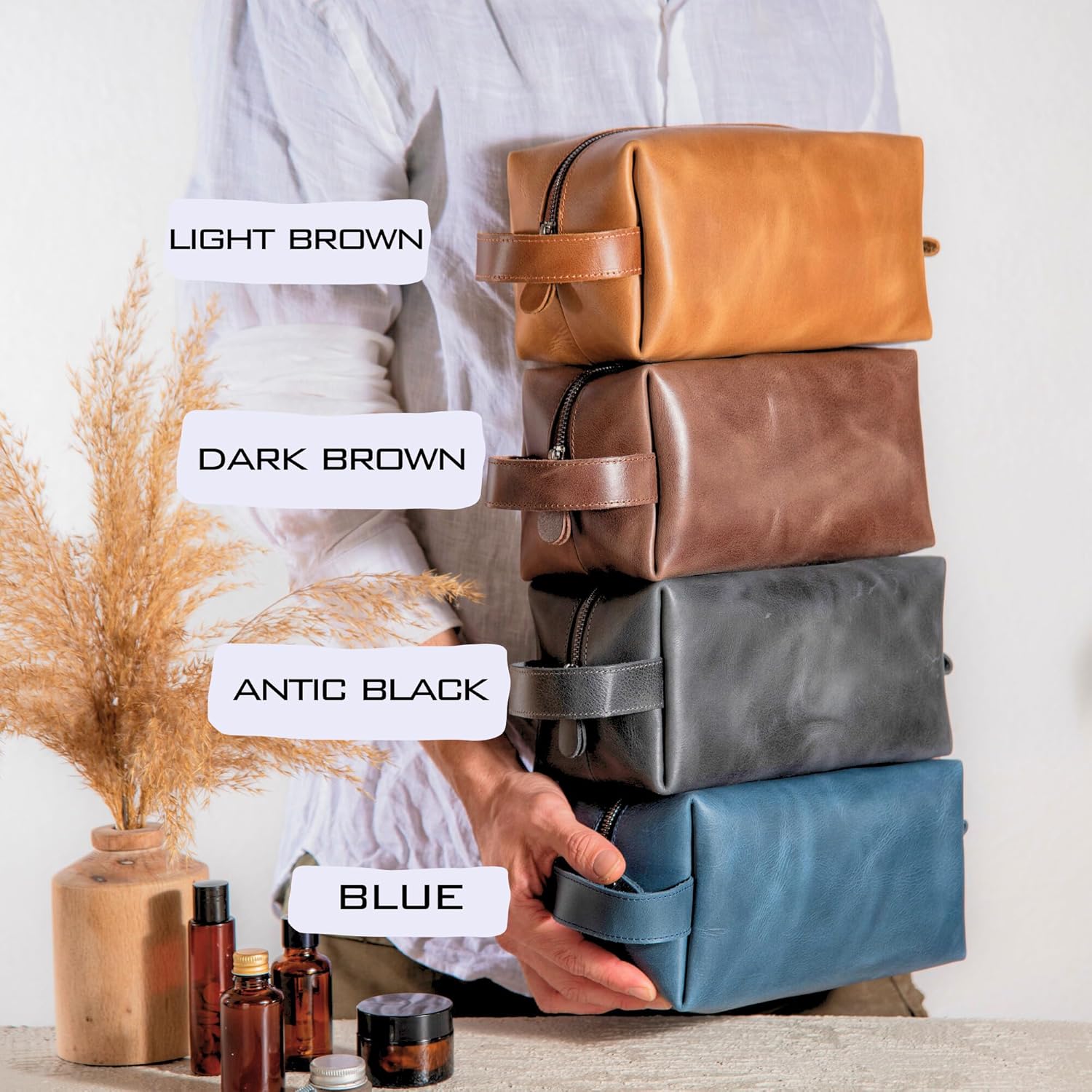 Personalized Leather Toiletry Bag for Men – Genuine Leather Dopp Kit, Perfect Gift for Groomsmen, Fathers Day, Wedding, Anniversary – Handcrafted