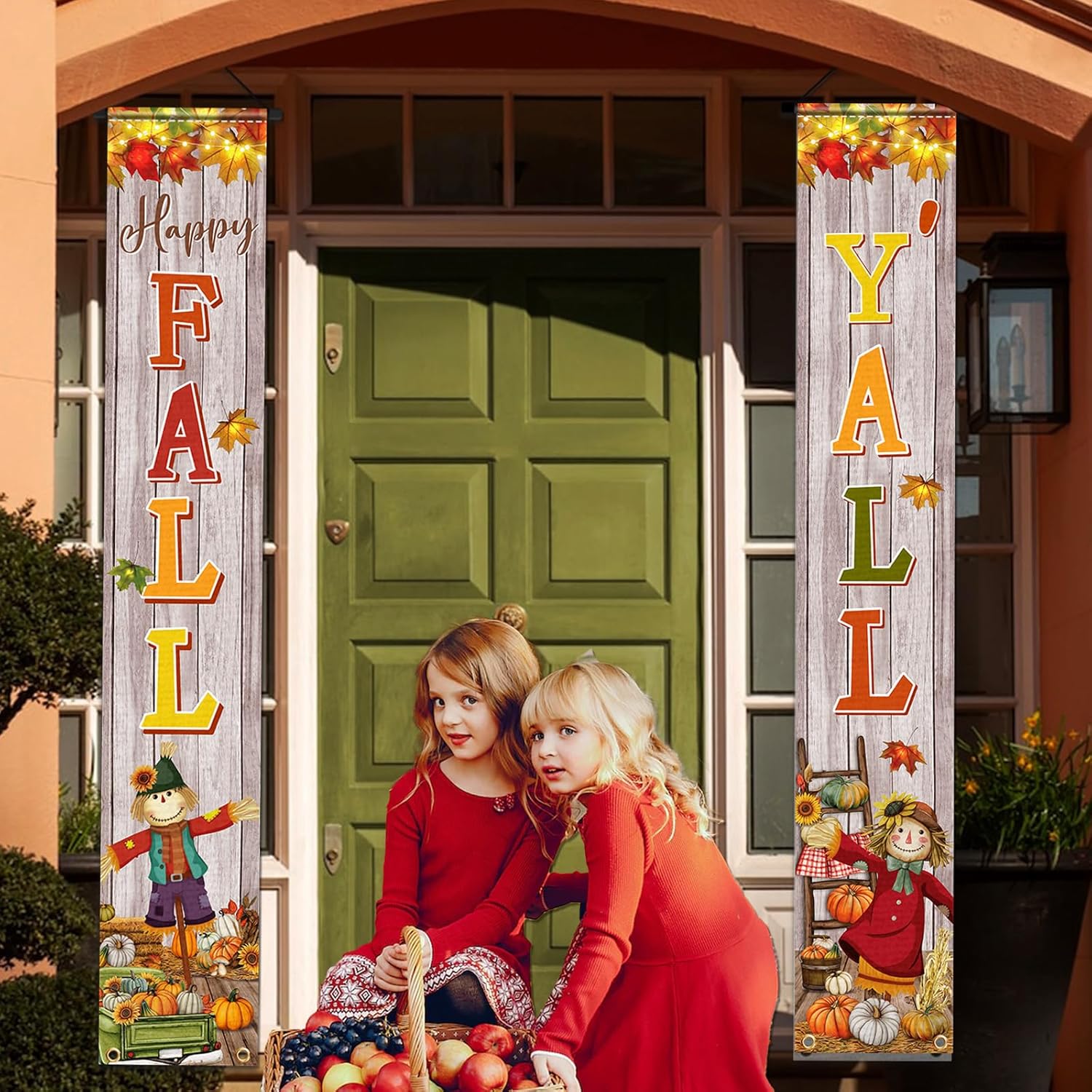 Cartel colgante de Acción de Gracias para el porche con texto en inglés “Happy Fall Y’all”, decoración de fiesta, espantapájaros, calabaza, cosecha