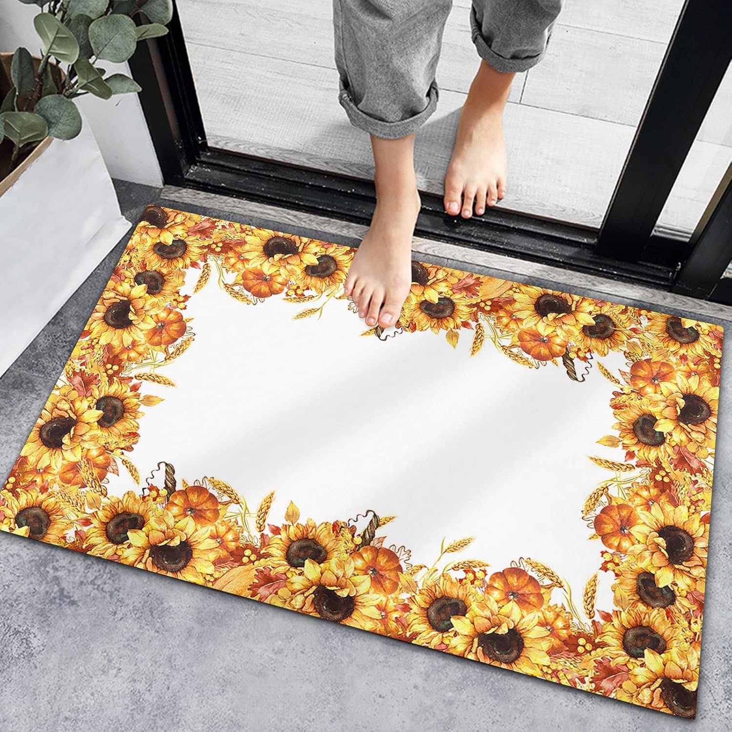 Bath Mat Non-Slip Indoor Doormats, Bath Rugs Fall Harvest Sunflower Pumpkin,Low-Profile Mats Kitchen Carpets for Home Bedroom Entrance Decor Wheat