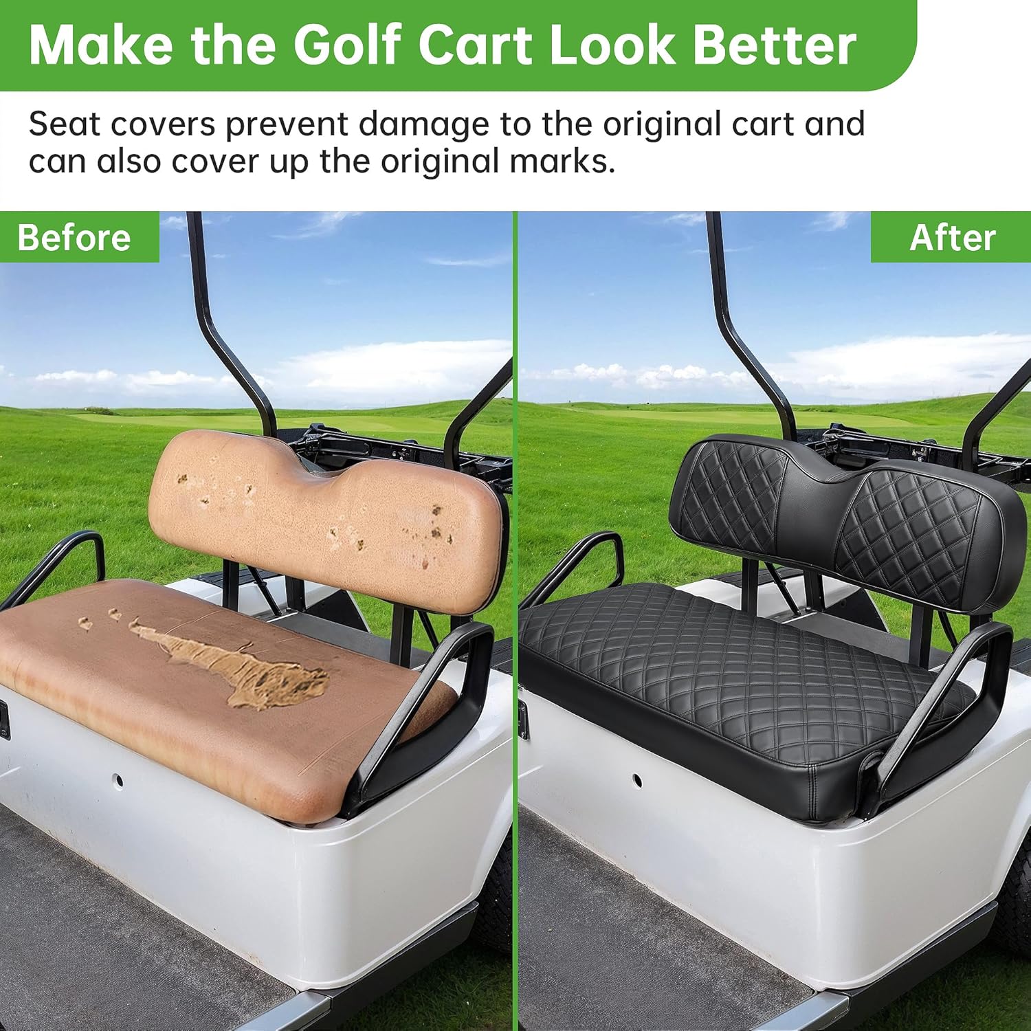 Funda de asiento delantero de cuero para carrito de golf EZGO TXT, piel de PVC suave y espuma viscoelástica de ajuste, patrón de diamante 3D, funda