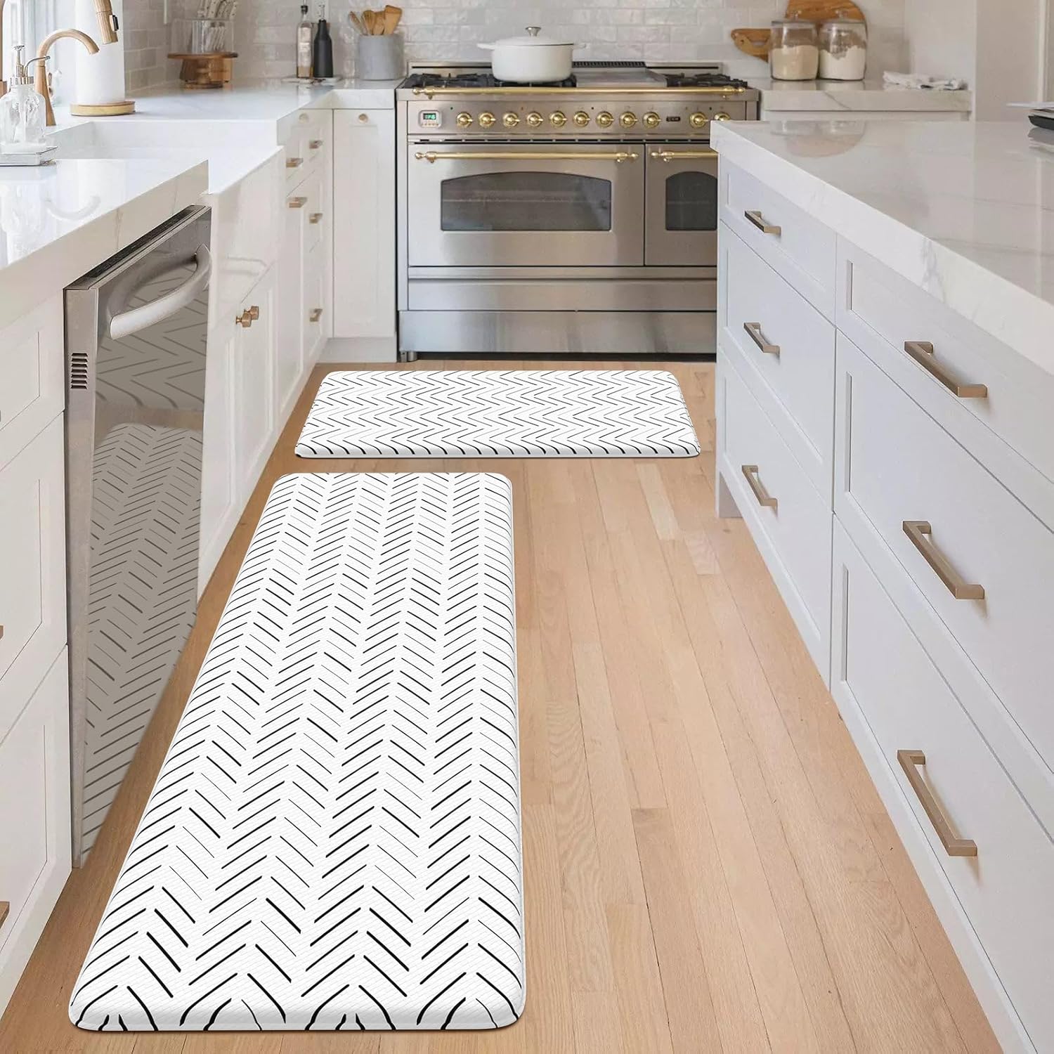 KIMODE Juego de 2 tapetes de cocina antifatiga, tapetes de cocina antideslizantes, acolchados y geométricos para lavandería, oficina, fregadero,