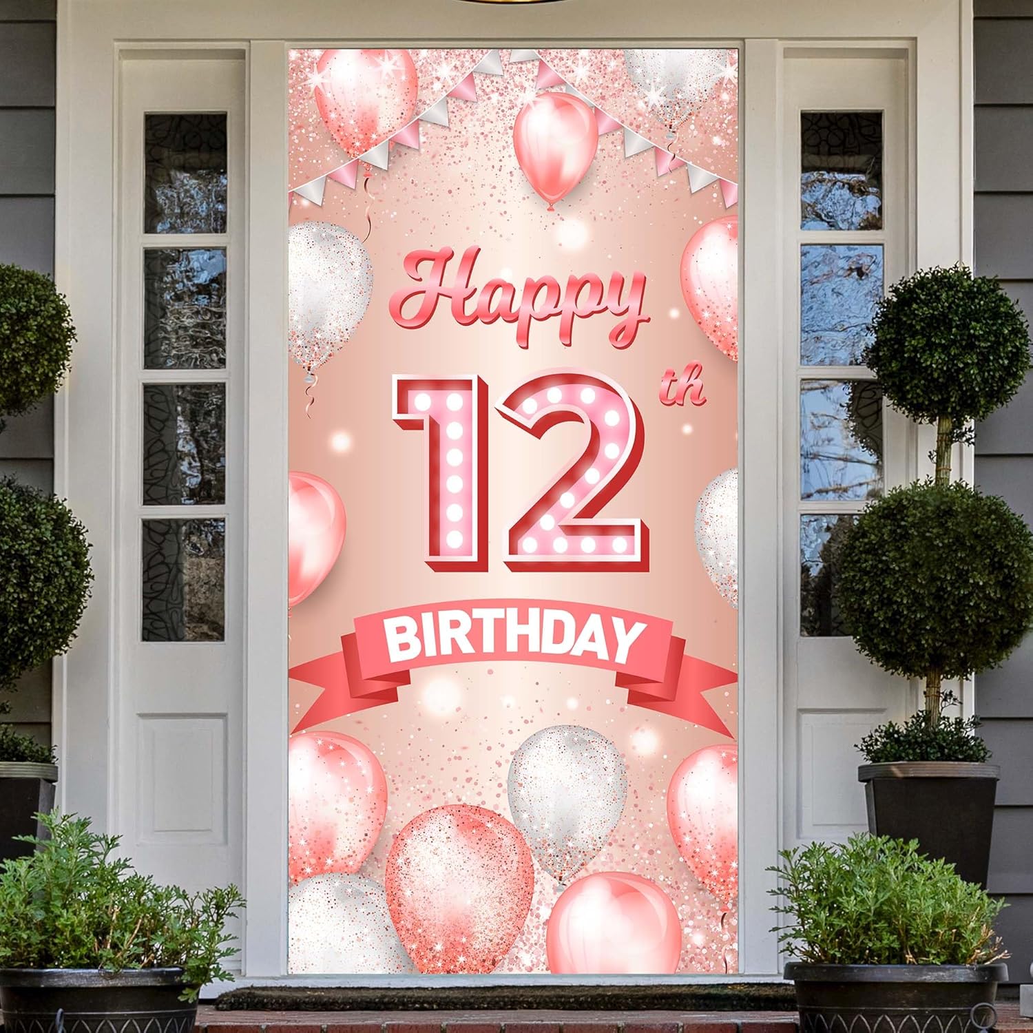 Cartel de feliz cumpleaños número 12 de oro rosa, telón de fondo de globos de confeti de 12 años, decoración temática de globos de confeti para