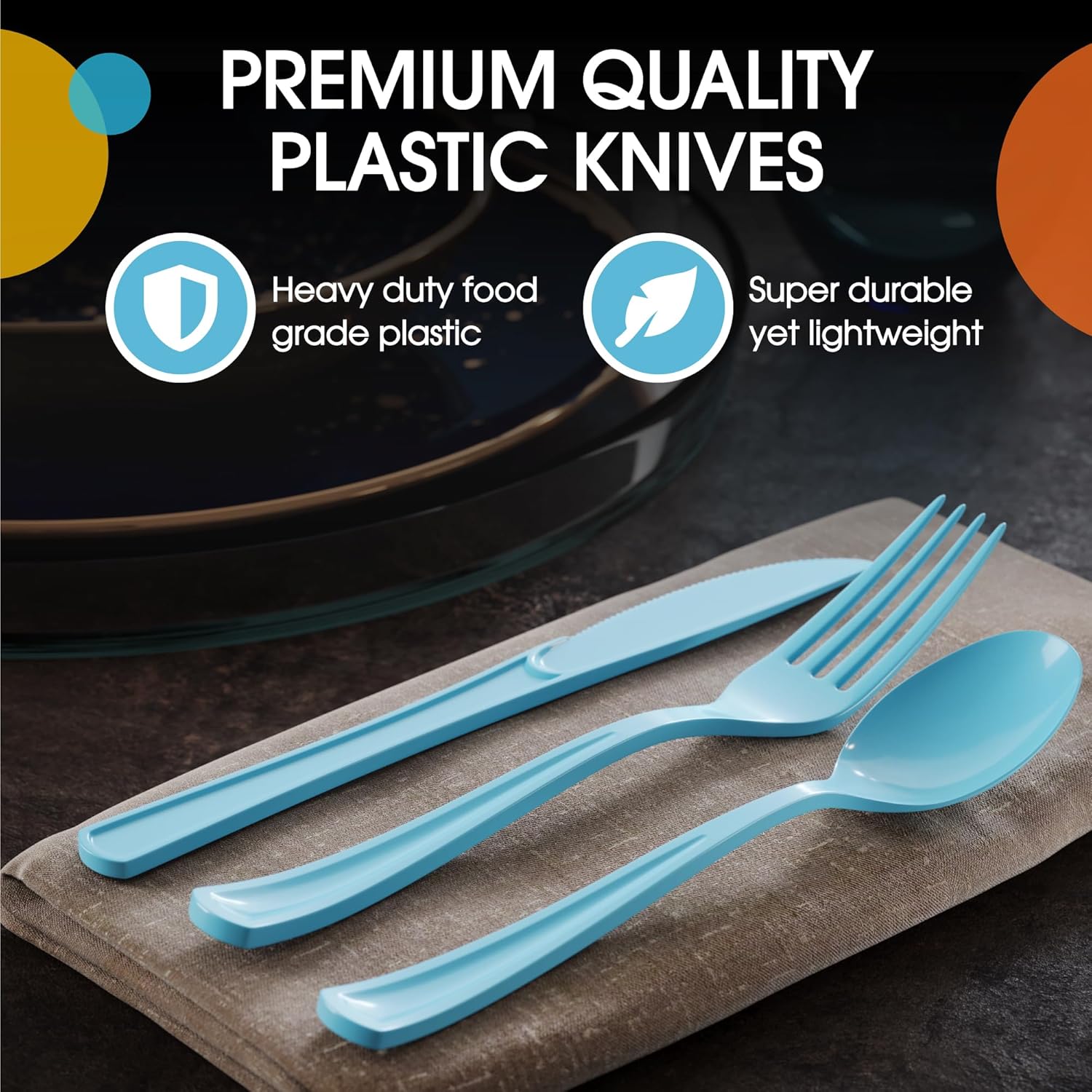 Exquisite Cuchillos desechables de plástico azul claro, 100 piezas, cubiertos desechables de plástico azul claro resistente, cubiertos desechables