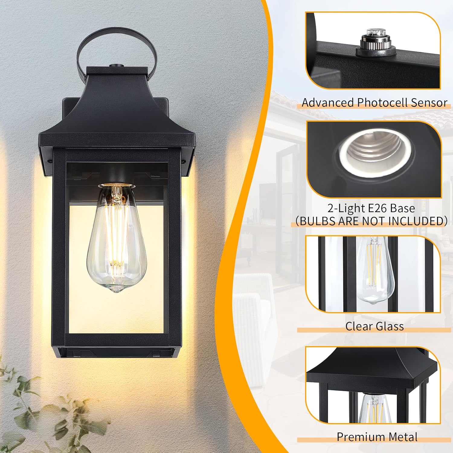 Lámparas de pared para exteriores del atardecer al amanecer, de 13.75 pulgadas, aplique de pared exterior con enchufe de base E26, farol de pared