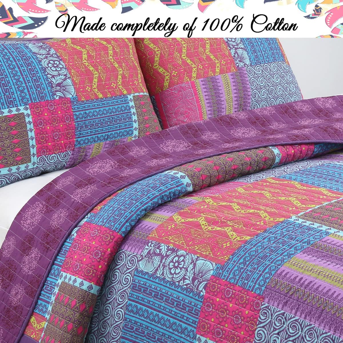 Cozy Line Home Fashions Artsy – Juego de ropa de cama reversible de 3 piezas, diseño bohemio, bohemio, elegante, de algodón, reversible, color