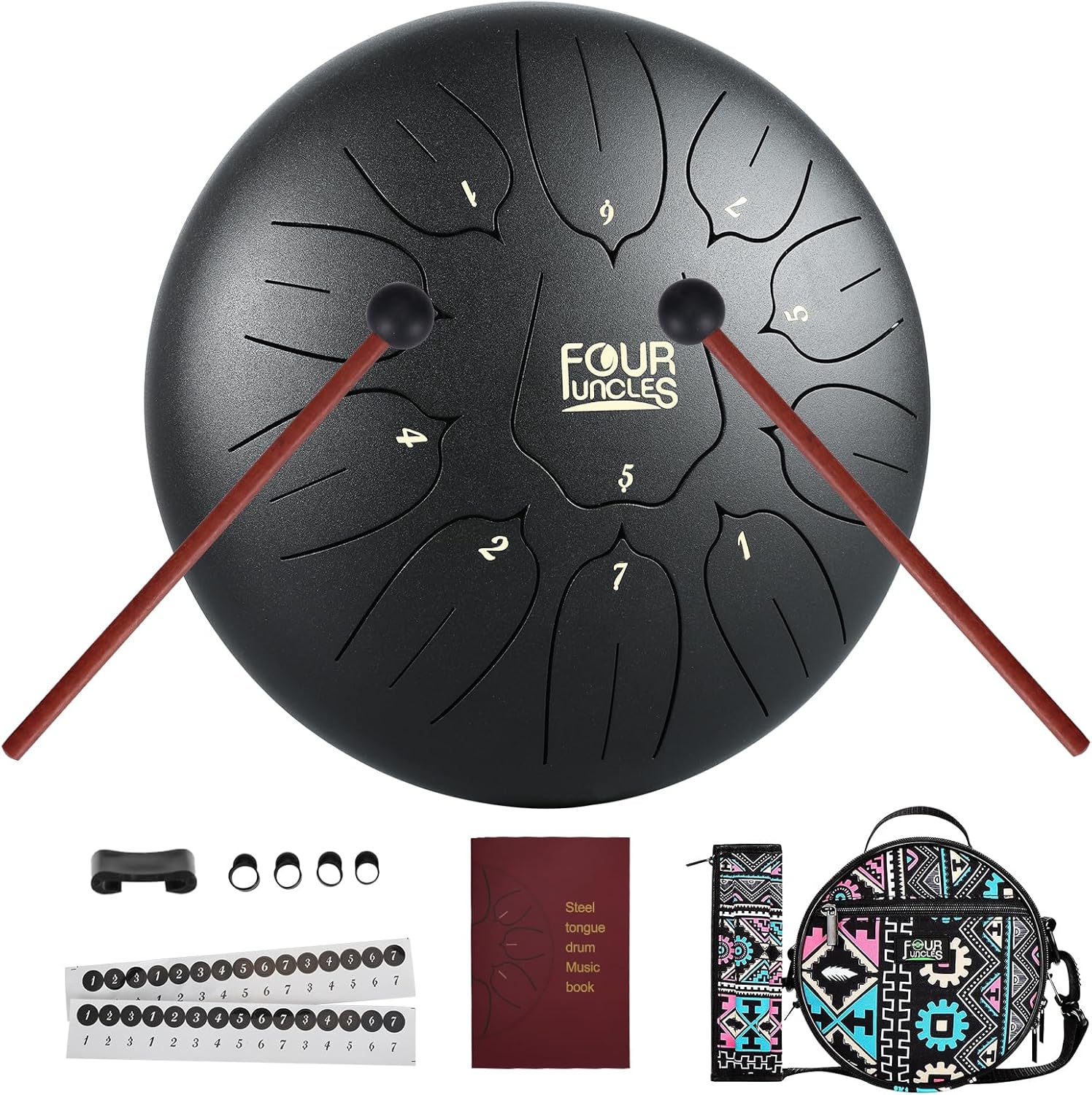 FOUR UNCLES Tambor de lengua de acero de 10 pulgadas, 11 notas, tambor de mano con bolsa de viaje, mazos de libros de música, instrumentos musicales