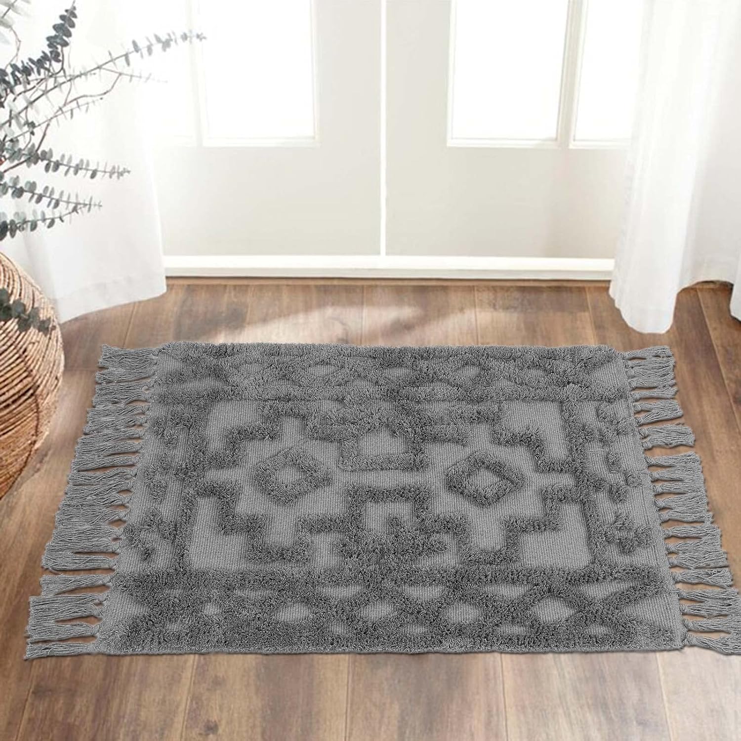 Uphome Alfombra de baño bohemia de 2 x 3 pies, alfombra marroquí copetuda con borlas, alfombra rústica de algodón tejida lavable para entrada,