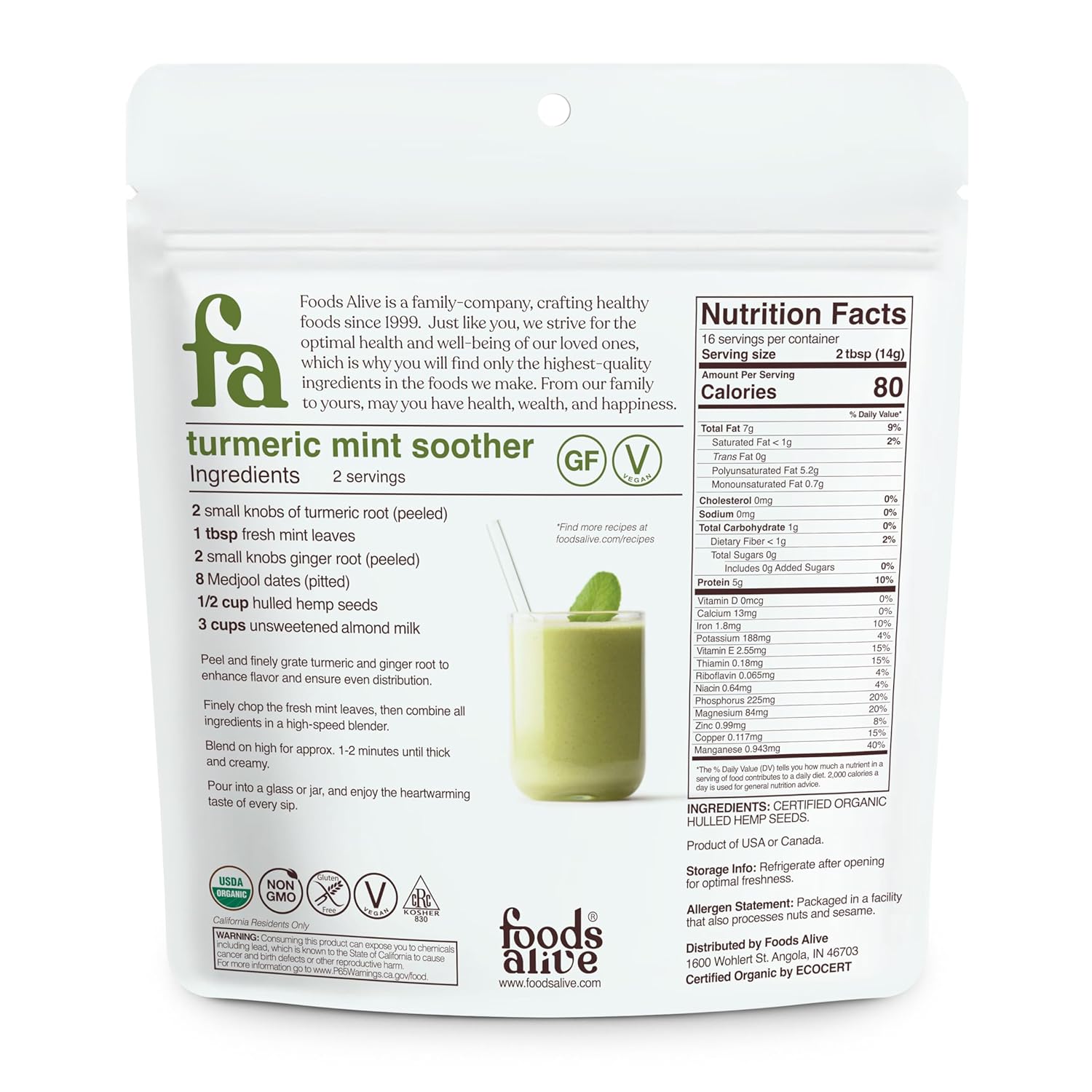 Foods Alive  Semillas de cáñamo orgánico descascarilladas  8 oz