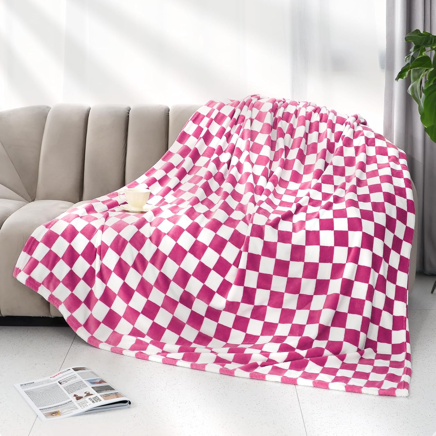 Manta cálida suave y acogedora manta de forro polar a cuadros para sofá (rojo rosa enrejado, 50 x 60 pulgadas)
