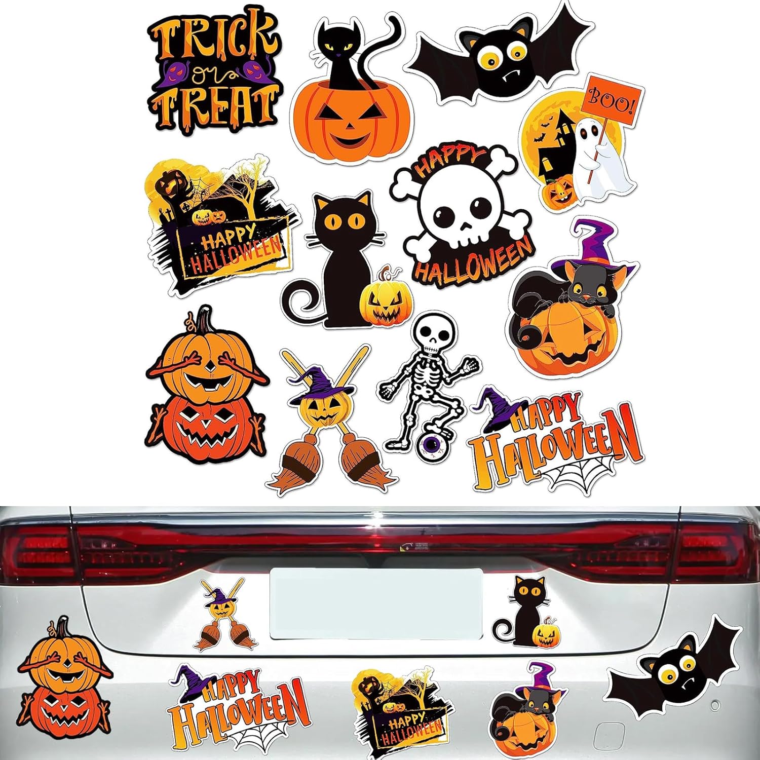 QODOLSI 12 calcomanías para el cuerpo de Halloween para automóvil, adsorción, calabaza, fantasma, mago, personalidad, impresión clara, adornos