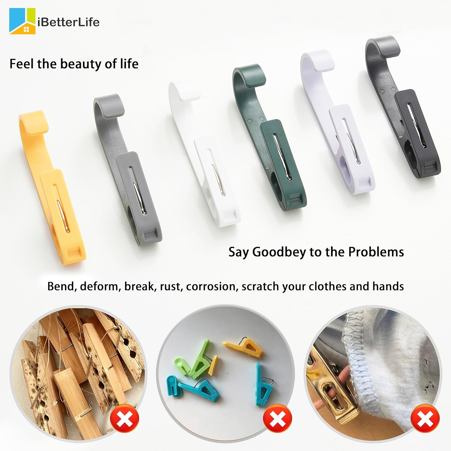 iBetterLife Alfileres de ropa resistentes para exteriores, 8 ganchos grandes para ropa sucia con clips, abrazaderas organizadoras de armario,