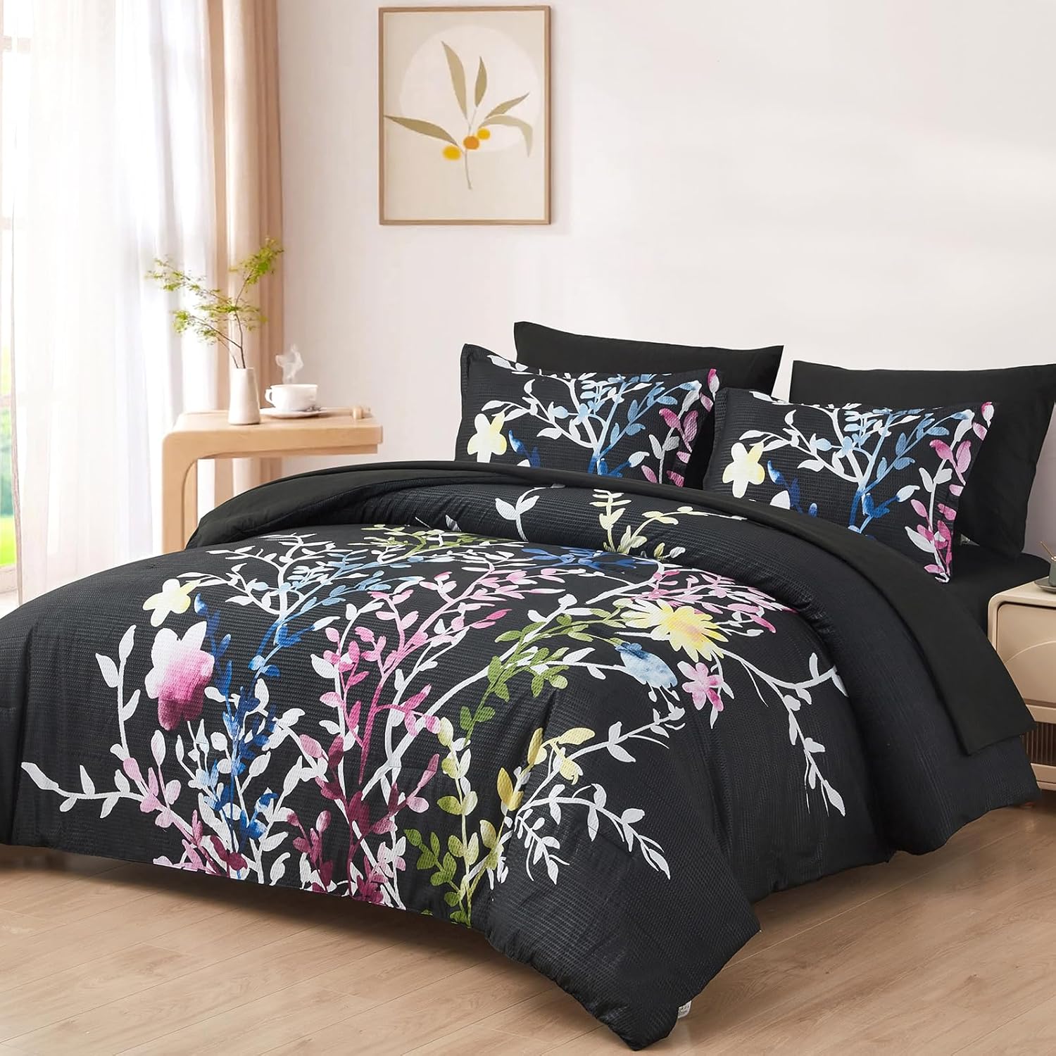 Menghomeus Juego de edredón de 7 piezas, color negro, tamaño King, diseño floral de sirsaca suave, juego de ropa de cama de microfibra para todas