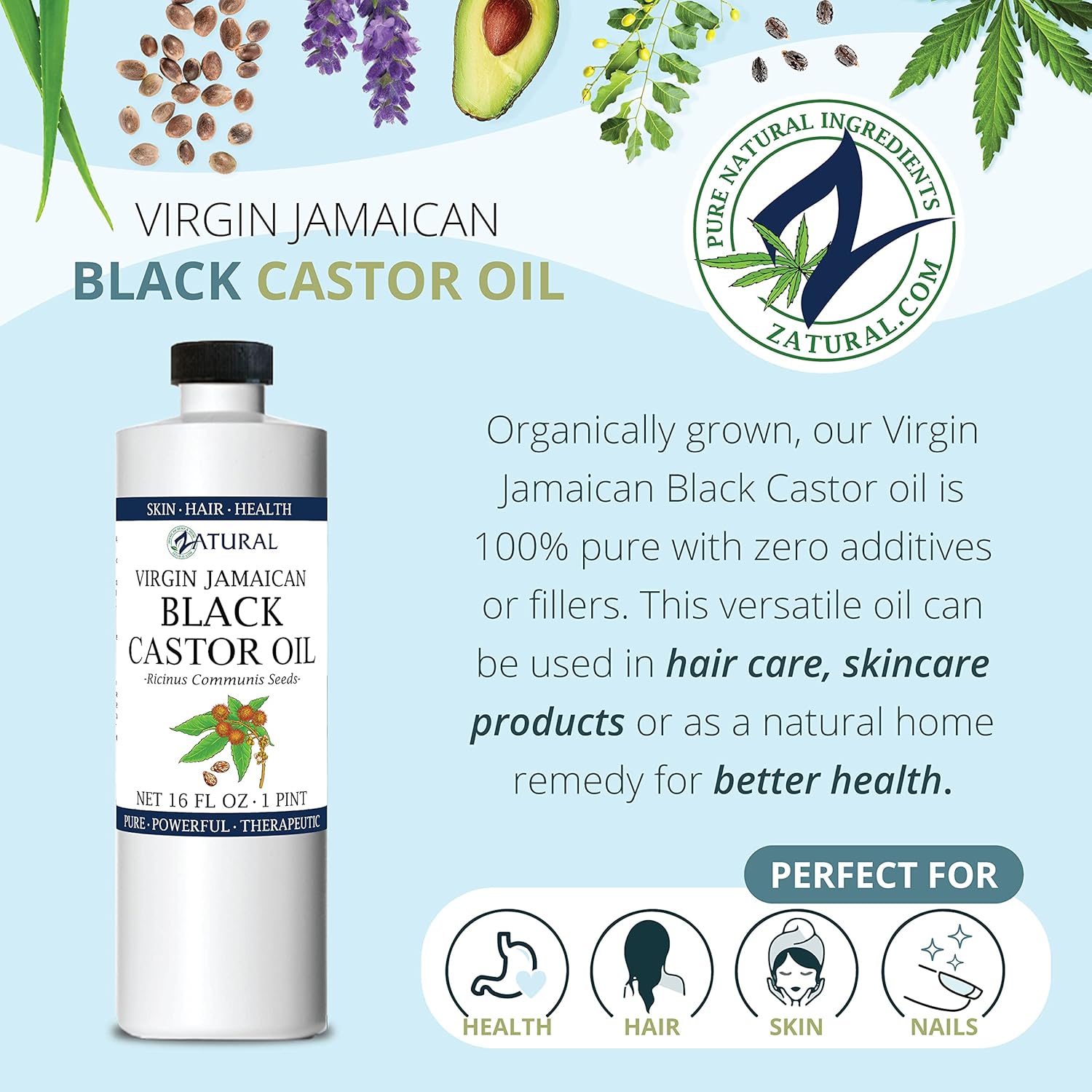 Zatural Aceite de ricino negro, aceite de ricino negro jamaicano tropical 100% puro (16 onzas)