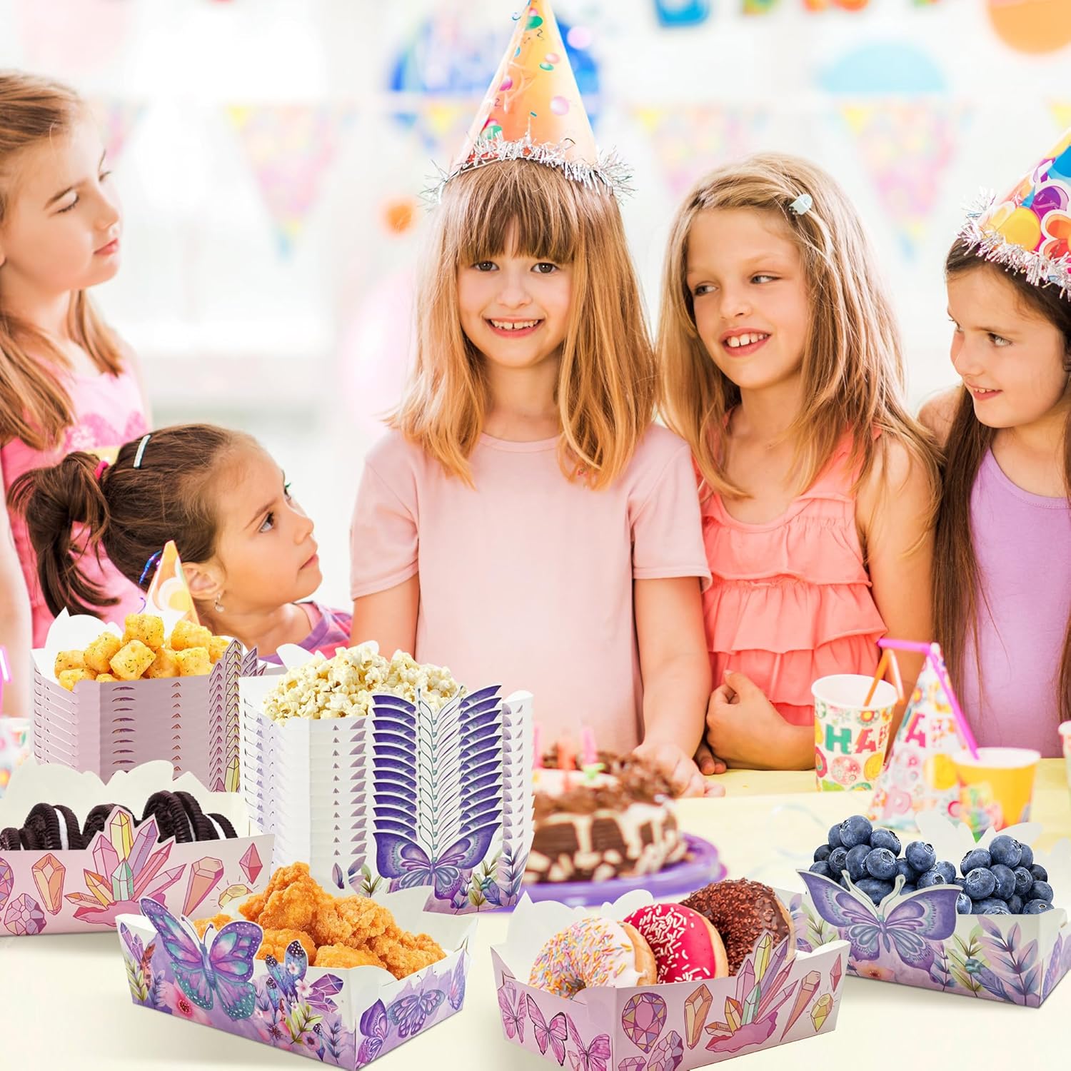 Suministros de fiesta de cumpleaños de mariposa, paquete de 24 bandejas desechables de mariposa para alimentos, cuenco de papel para niñas, baby