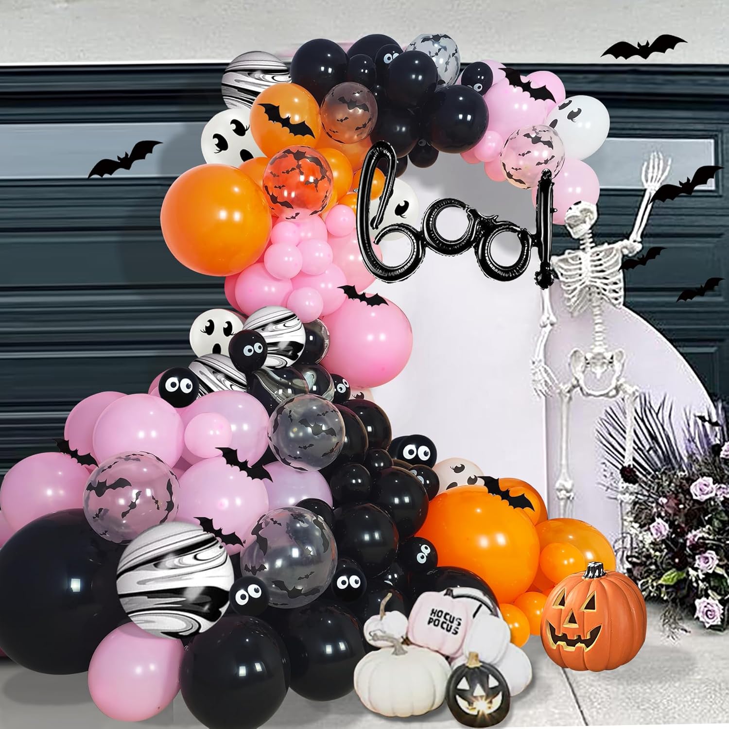 Kit de arco de guirnalda de globos de Halloween negro y rosa, decoraciones de Halloween rosas para niñas, guirnalda de globos de Halloween de gran
