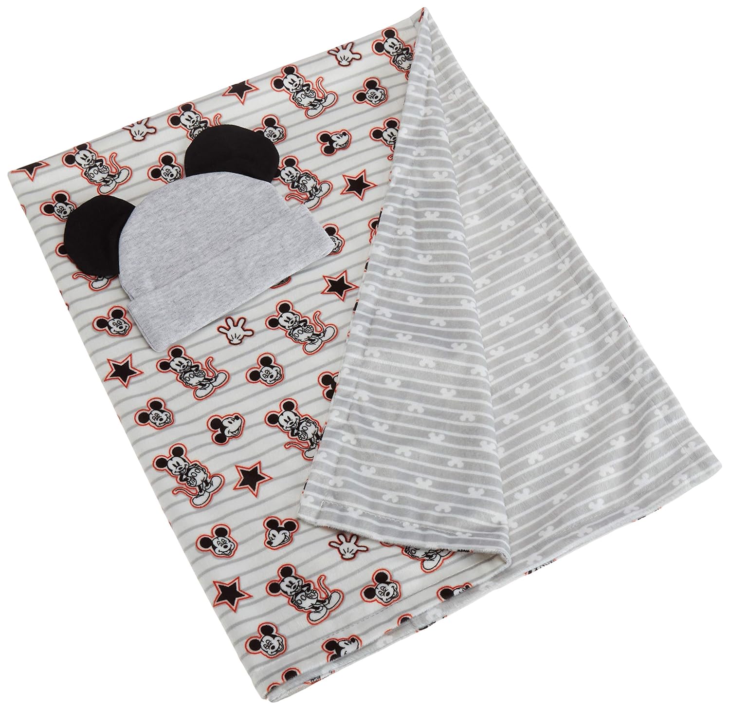 Cudlie Disney Baby Boy Mickey Mouse – Manta reversible de visón de doble cara y gorra de Micky gris con orejas