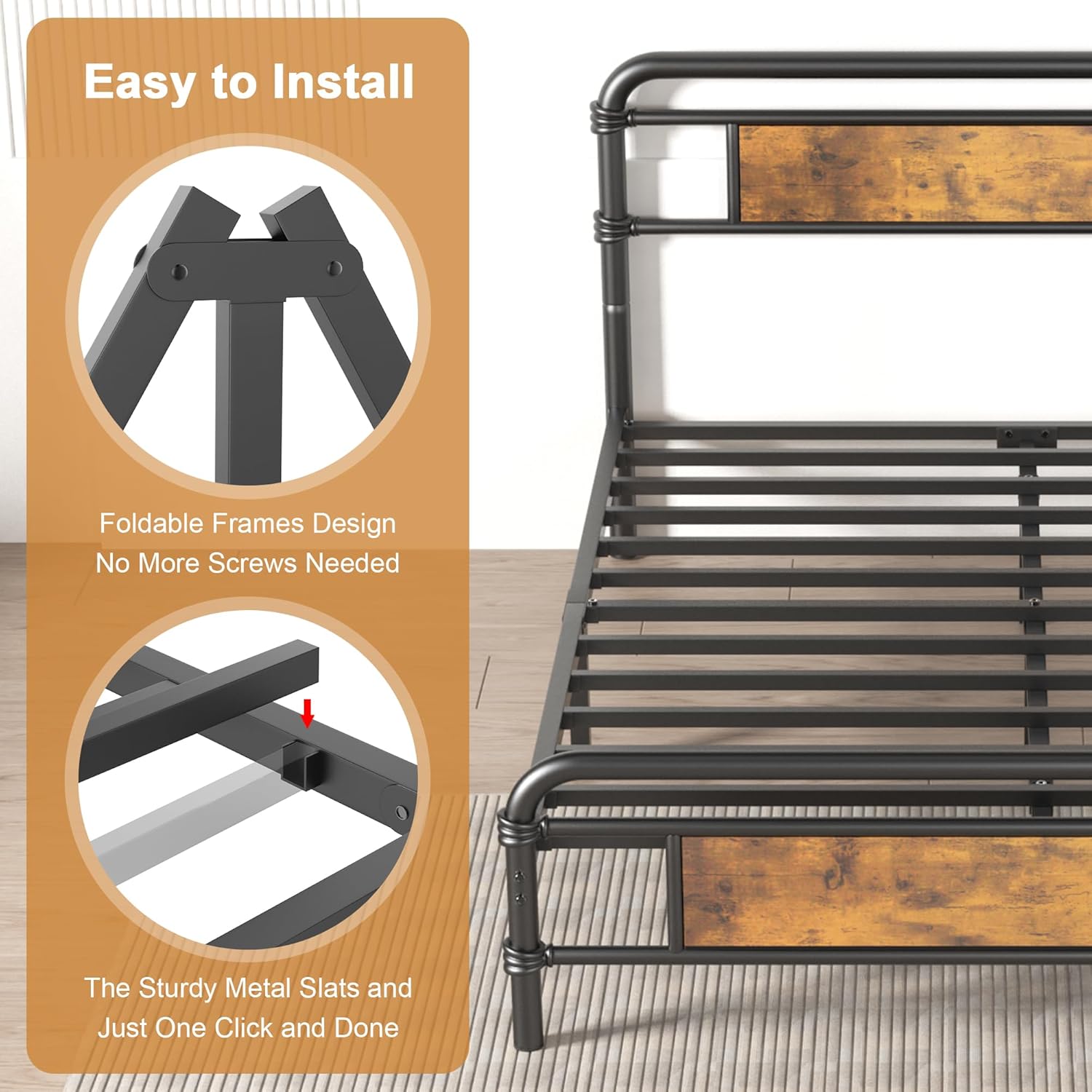 Base de cama King con cabecero, base de cama de plataforma pesada con base de metal fuerte, fácil montaje, no necesita somier, marrón vintage
