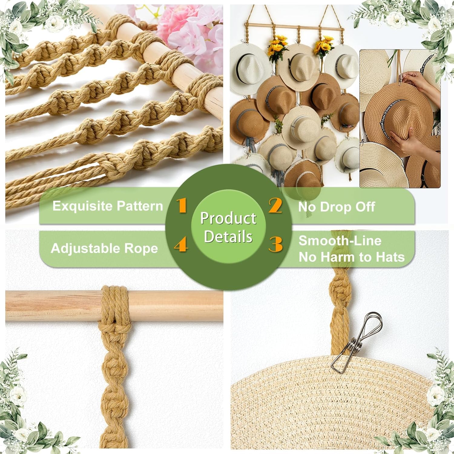 Organizador de sombreros de macramé para pared, 15 clips de 31 x 53 pulgadas, ganchos grandes para sombreros de Fedora, para almacenamiento de