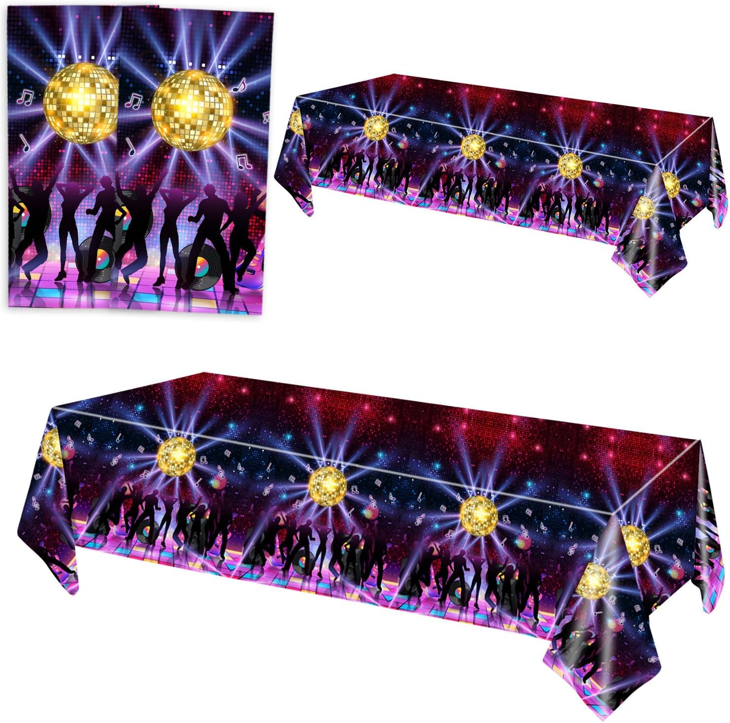 MODFUNS Mantel de plástico desechable para mesa de discoteca de los años 70 y 80, 54 x 108 pulgadas, paquete de 2 manteles rectangulares