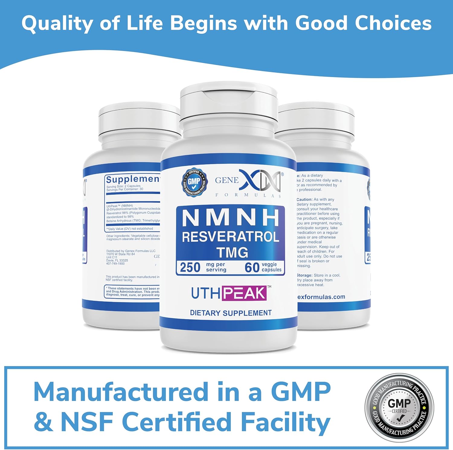 GENEX 250mg NMNH + Resveratrol + TMG (60 cápsulas – 30 porciones)  NMNH (mononucleótido de dihidronicinamida) + 98% de resveratrol + TMG para un