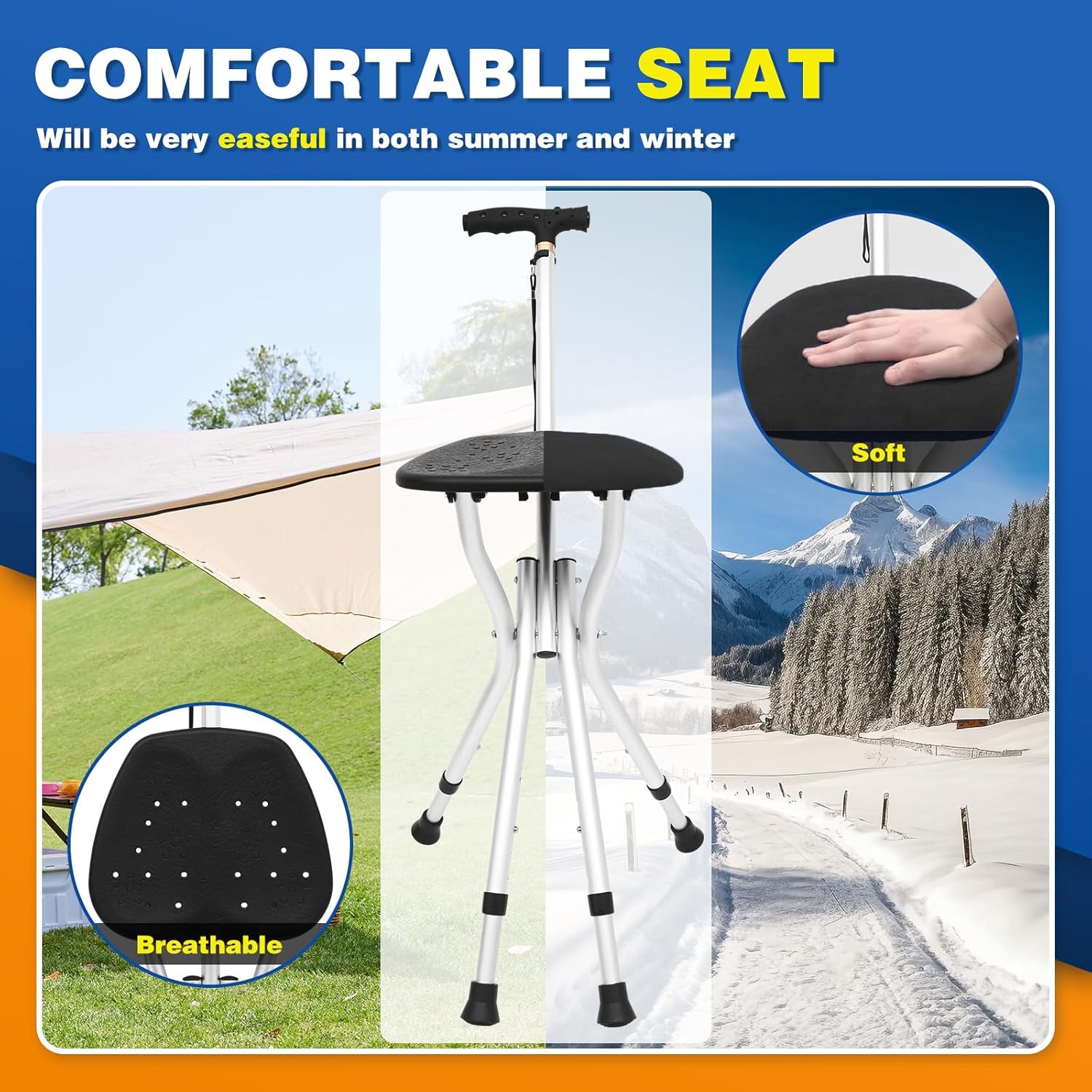BigAlex Bastón para caminar con asiento, asiento ligero con LED para personas mayores, silla plegable ajustable para mujeres con 4 patas