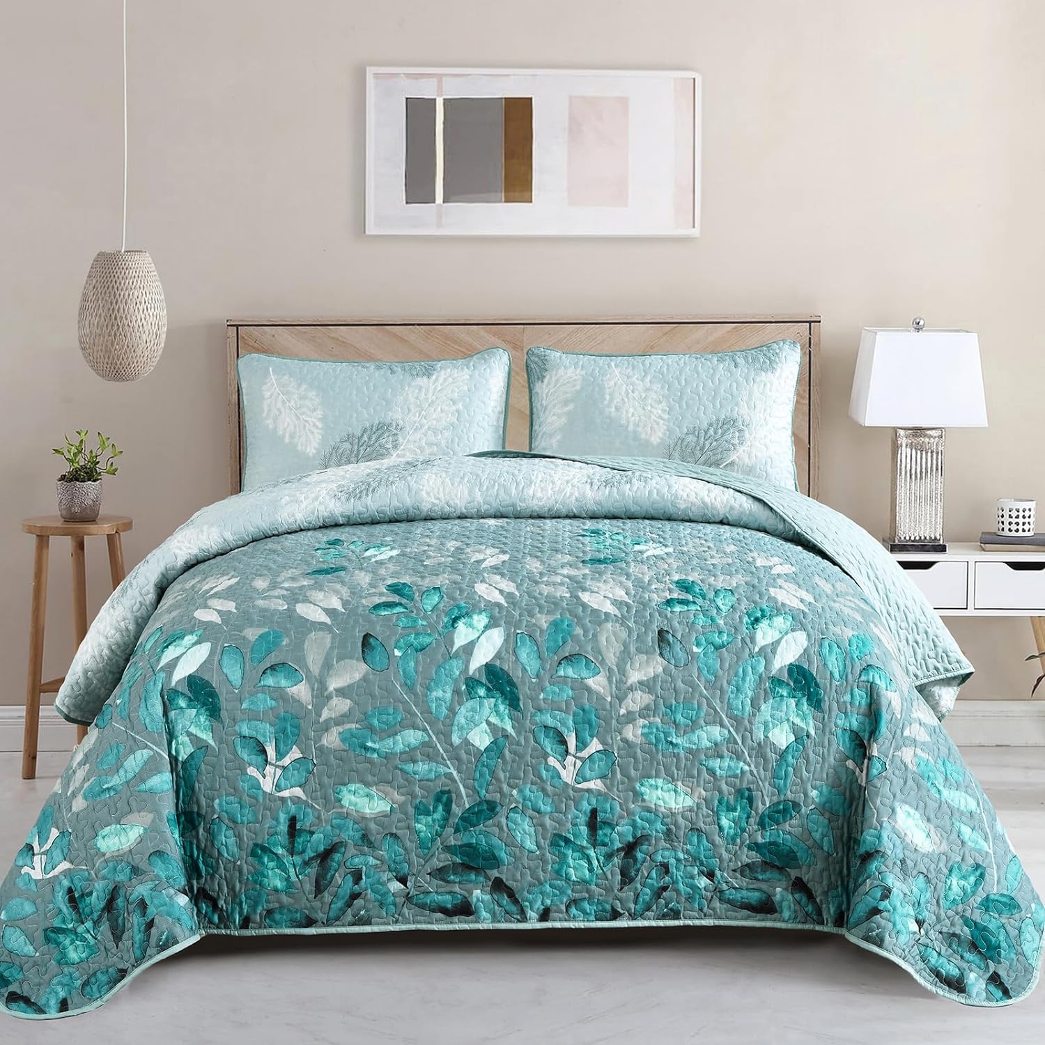 WONGS BEDDING Juego de edredón floral tamaño Queen, juego de colcha de 3 piezas con hojas botancales aguamarina con 2 fundas de almohada para todas
