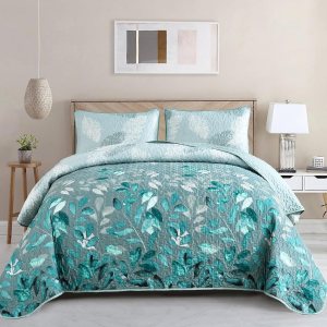 WONGS BEDDING Juego de edredón floral tamaño Queen, juego de colcha de 3 piezas con hojas botancales aguamarina con 2 fundas de almohada para todas WONGS BEDDING Juego de edredón floral tamaño Queen, juego de colcha de 3 piezas con hojas botancales aguamarina con 2 fundas de almohada para todas