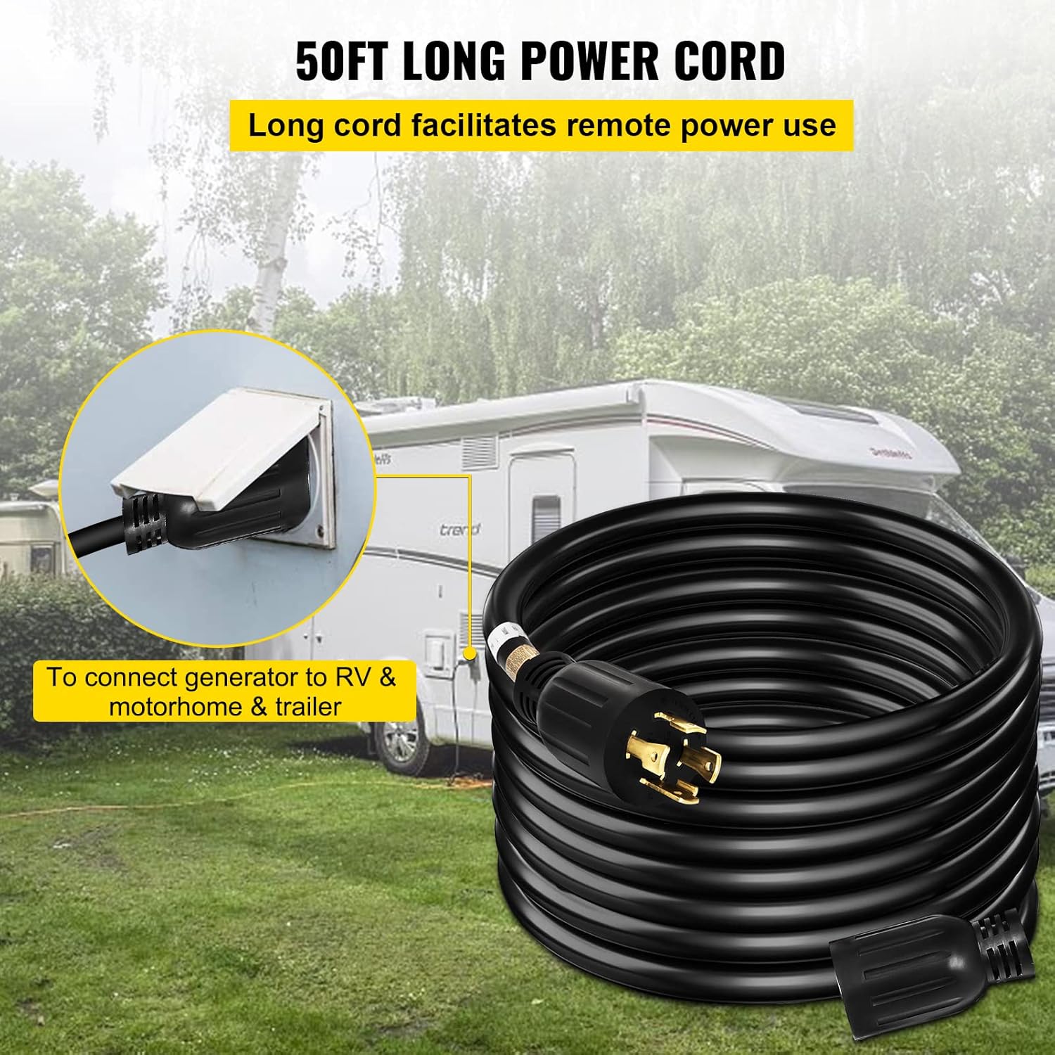 VEVOR Cable de extensión para generador de 50 pies y 30 amperios SJTW 10 AWG, 4 clavijas, NEMA L14-30P 125250V, cable de alimentación de generador