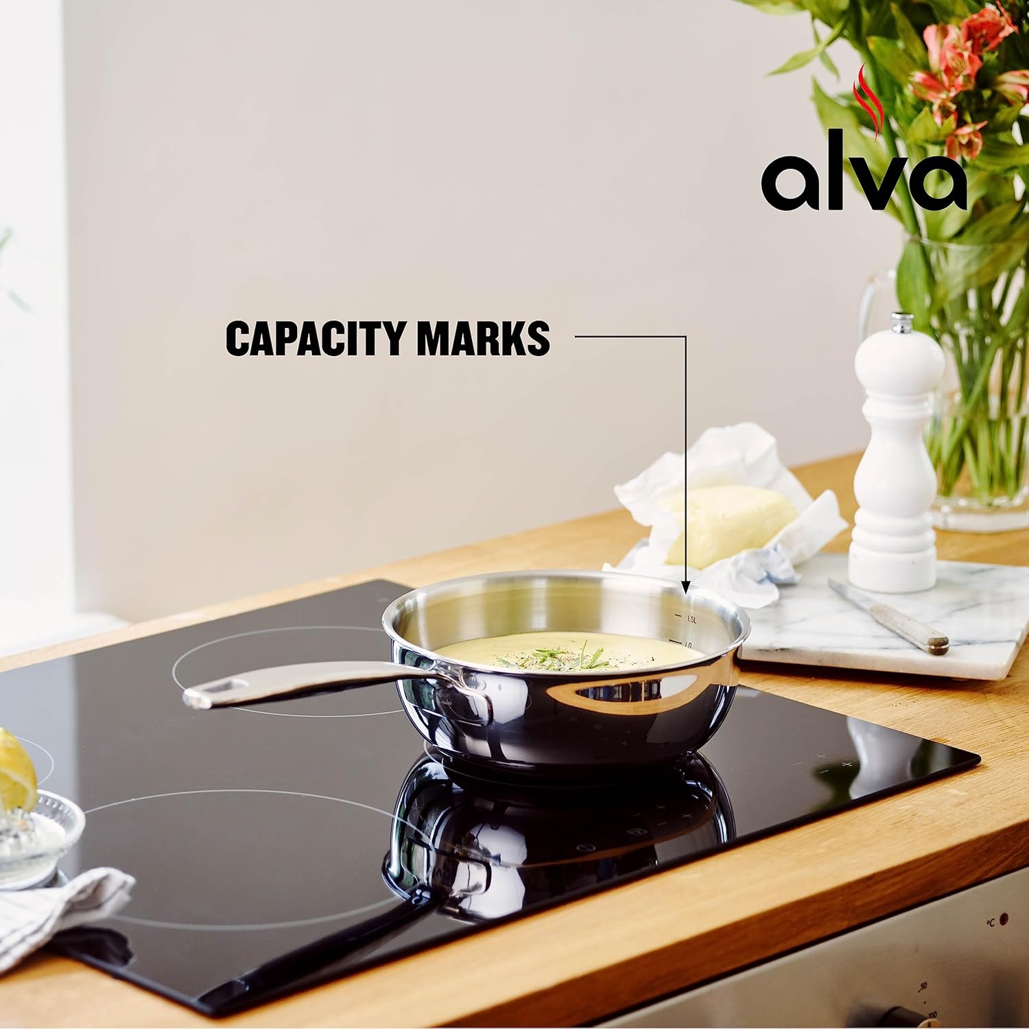 Alva Maestro – Sartén de acero inoxidable para salsa, cacerola apta para horno para cocinar, olla pequeña para sopa con tapa, utensilios de cocina