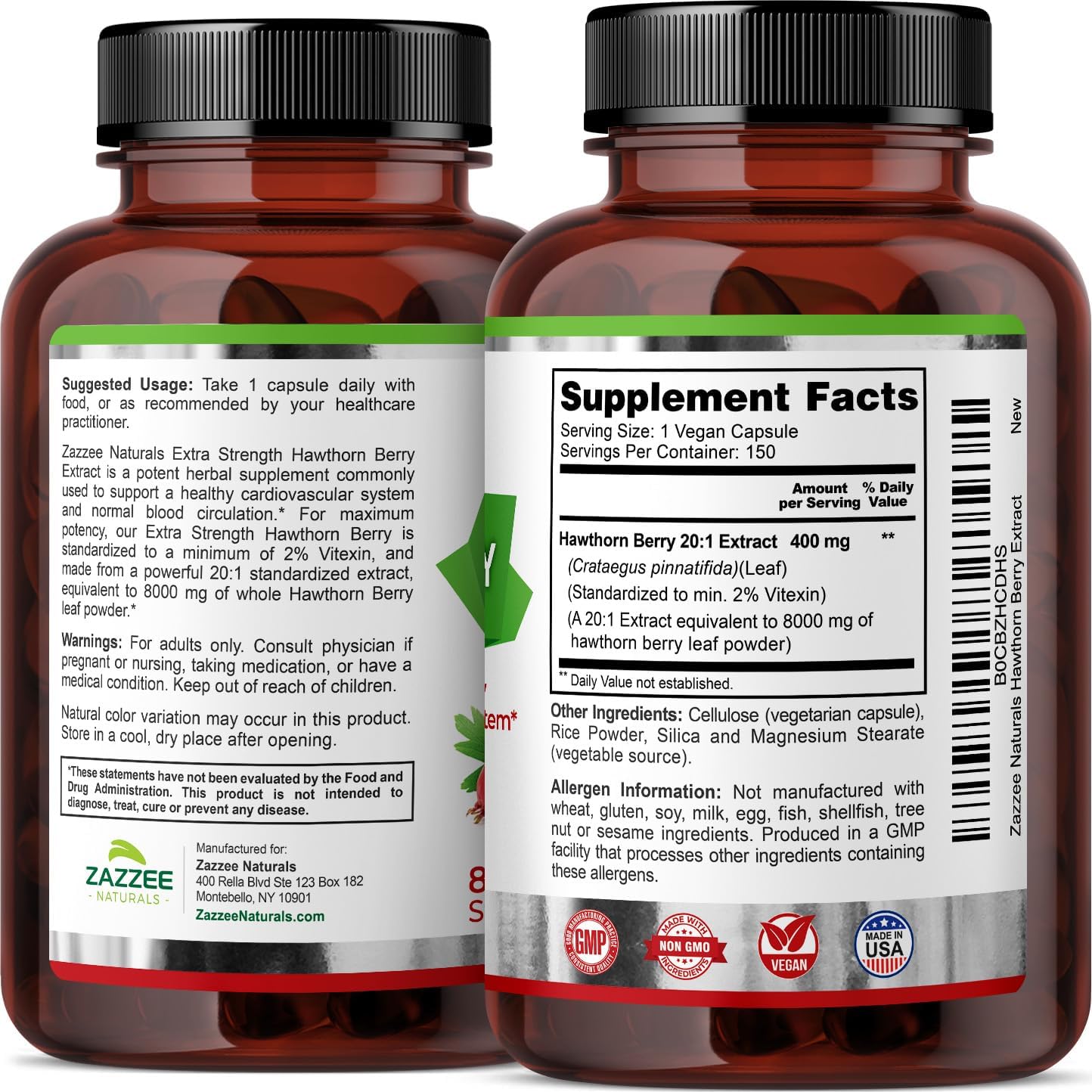 Zazzee Extracto de baya de espino extra fuerte 201, 8000 mg de fuerza, 2% de vitexina, 150 cápsulas veganas, suministro de 5 meses, extracto