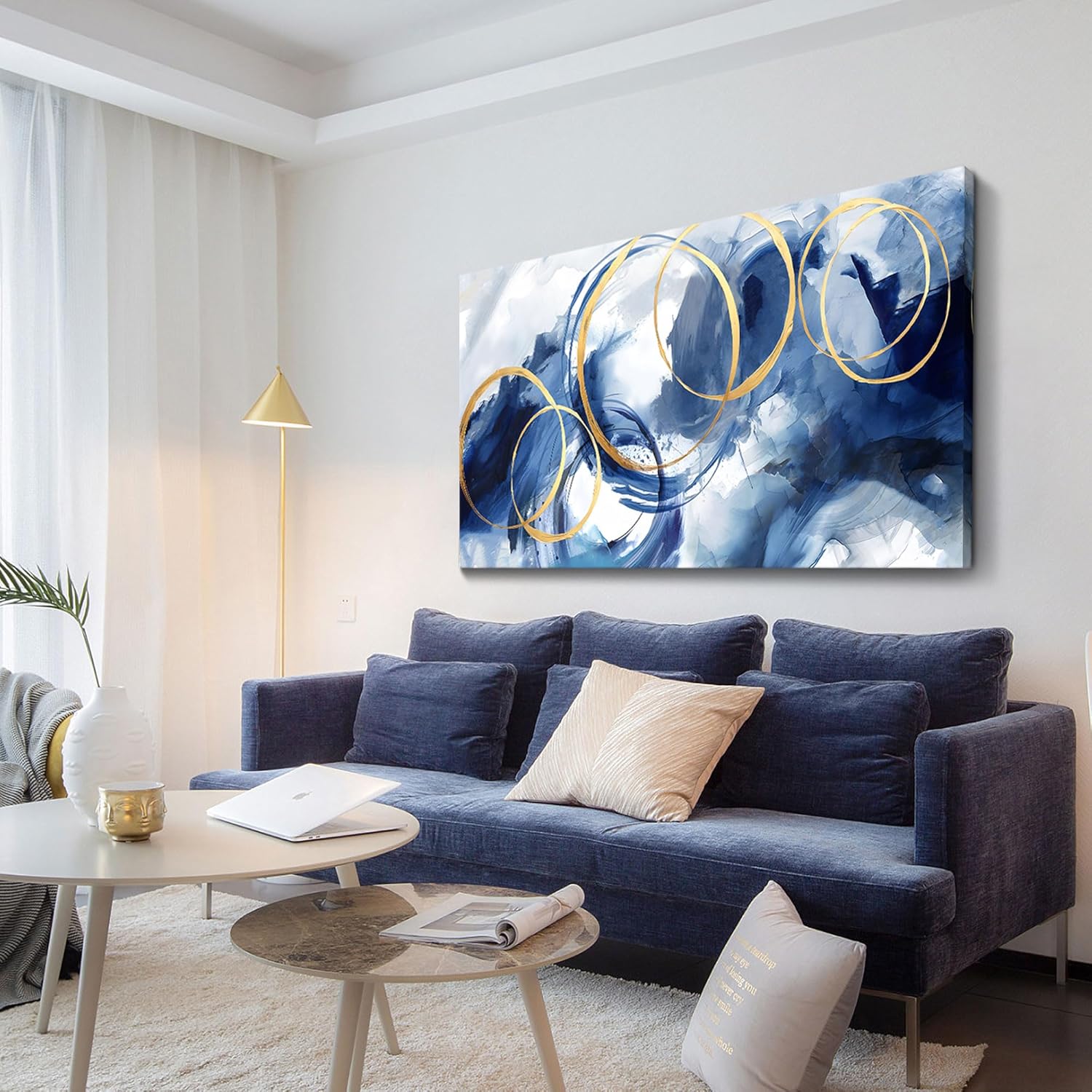 AJAZIKO Arte abstracto para pared, arte moderno azul, para decoración de pared, sala de estar, enorme lienzo de pared, cuadros de oficina, para