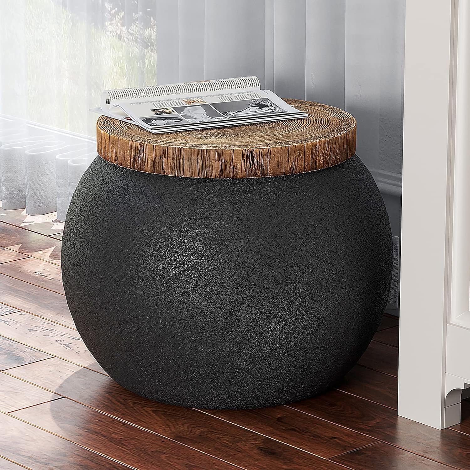 Mesa auxiliar de tambor de hormigón, mesa auxiliar con escritorio de madera sintética, mesa auxiliar decorativa, taburete de plantas para decoración