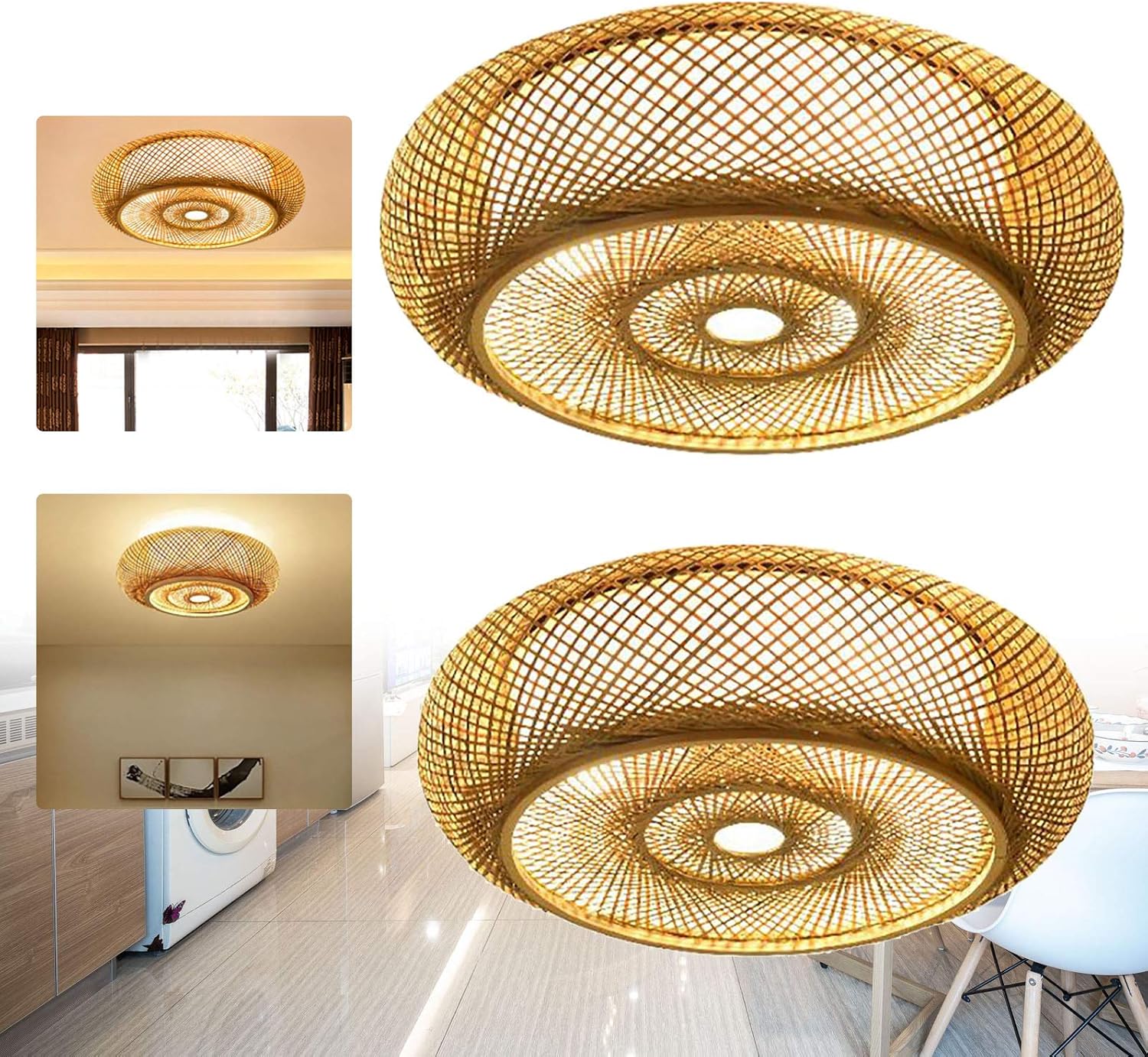 LOHISHILO Lámpara moderna de 3 luces, lámpara de interior, lámpara de techo vintage de bambú, lámpara colgante de linterna de ratán para cocina,