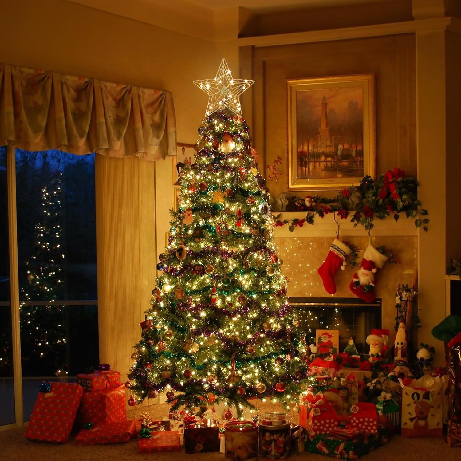 Decoración para árbol de Navidad, estrella dorada de hogardeck para decoración de Navidad, 20 luces LED con purpurina para decoración de árbol de