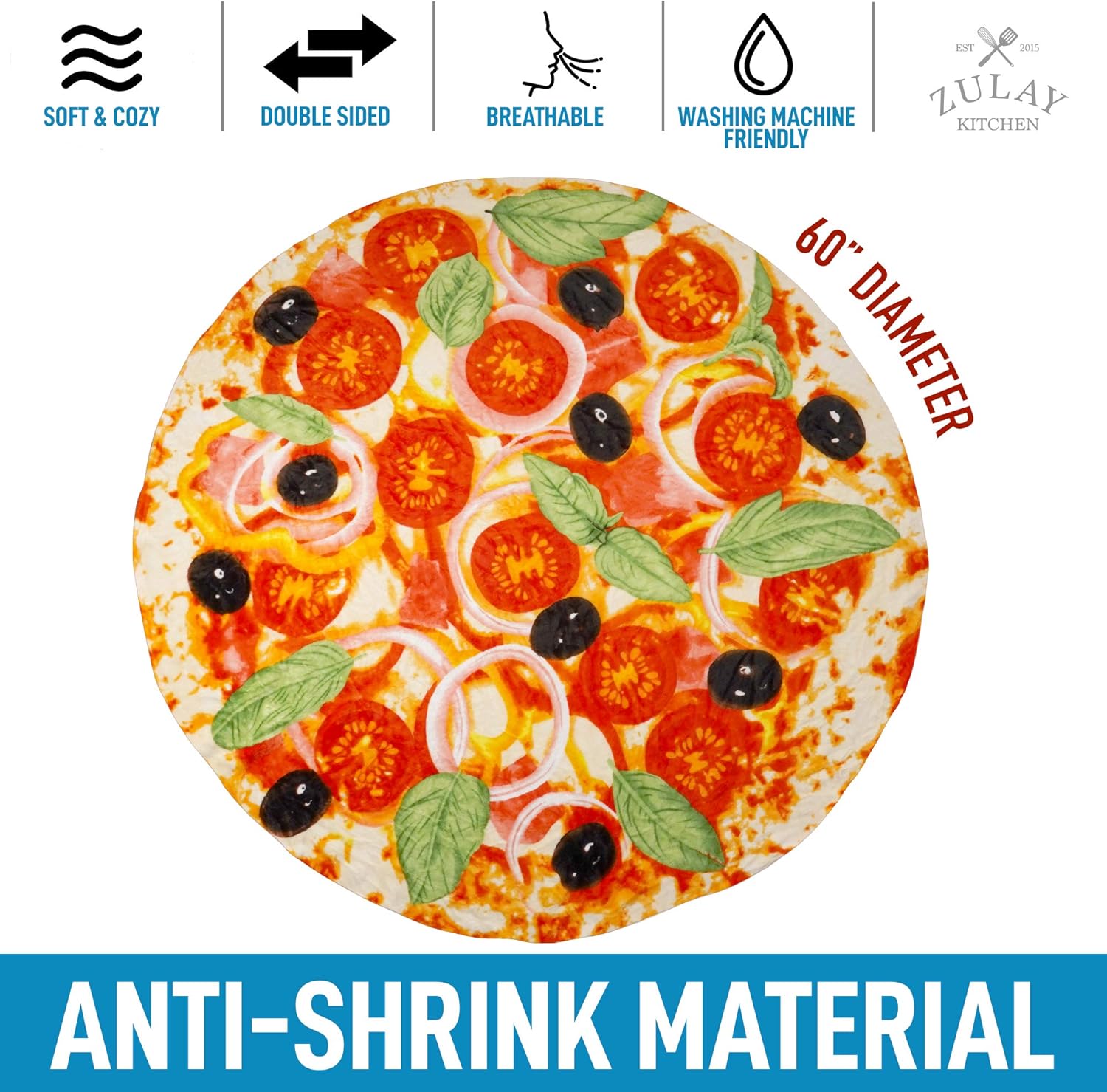 Zulay – Manta de pizza gigante cargada (60 pulgadas), manta de pizza grande para adultos y niños, manta de pizza redonda de franela suave de alta