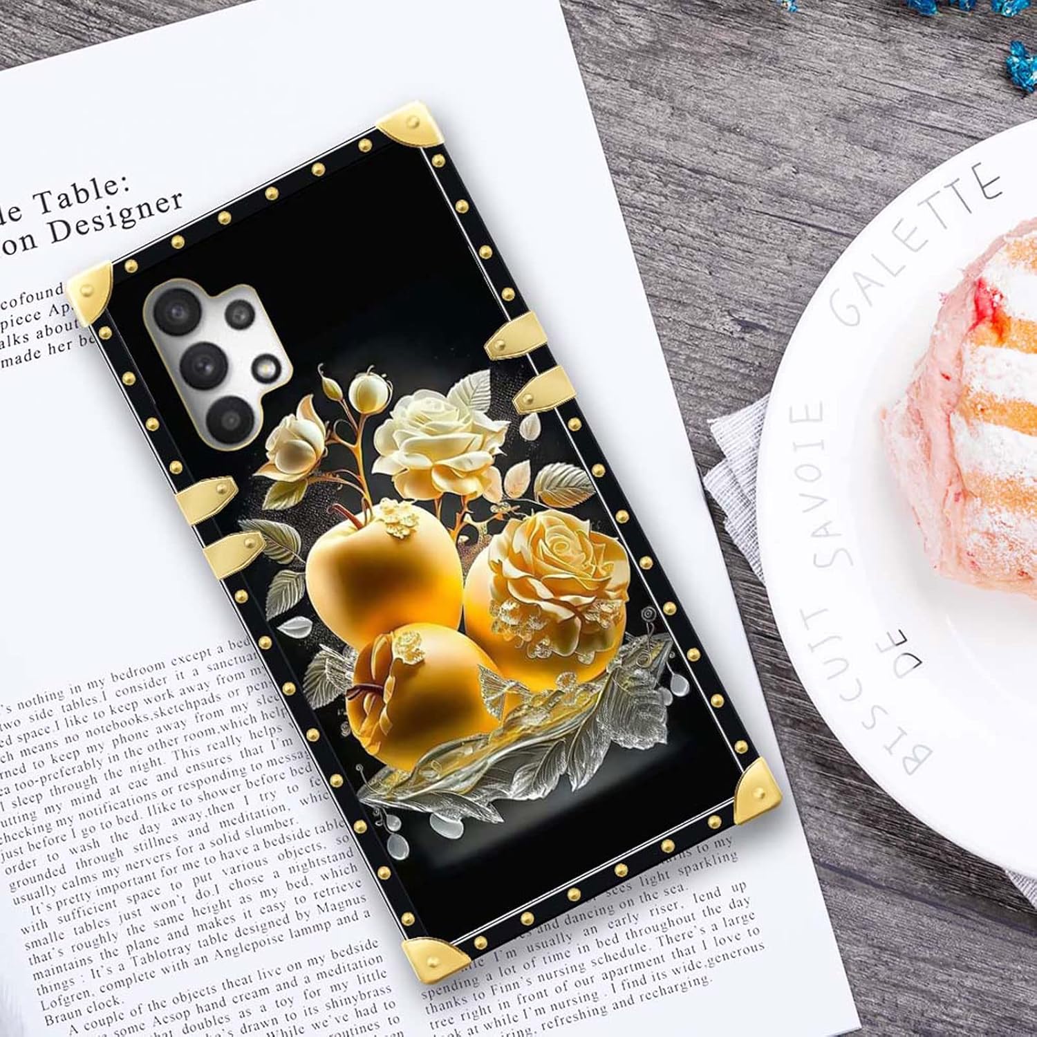 CARLOCA Funda para Samsung Galaxy A32 5G, rosa dorada y fruta de la paz mejora tu estilo con la funda dorada de lujo a prueba de golpes compatible