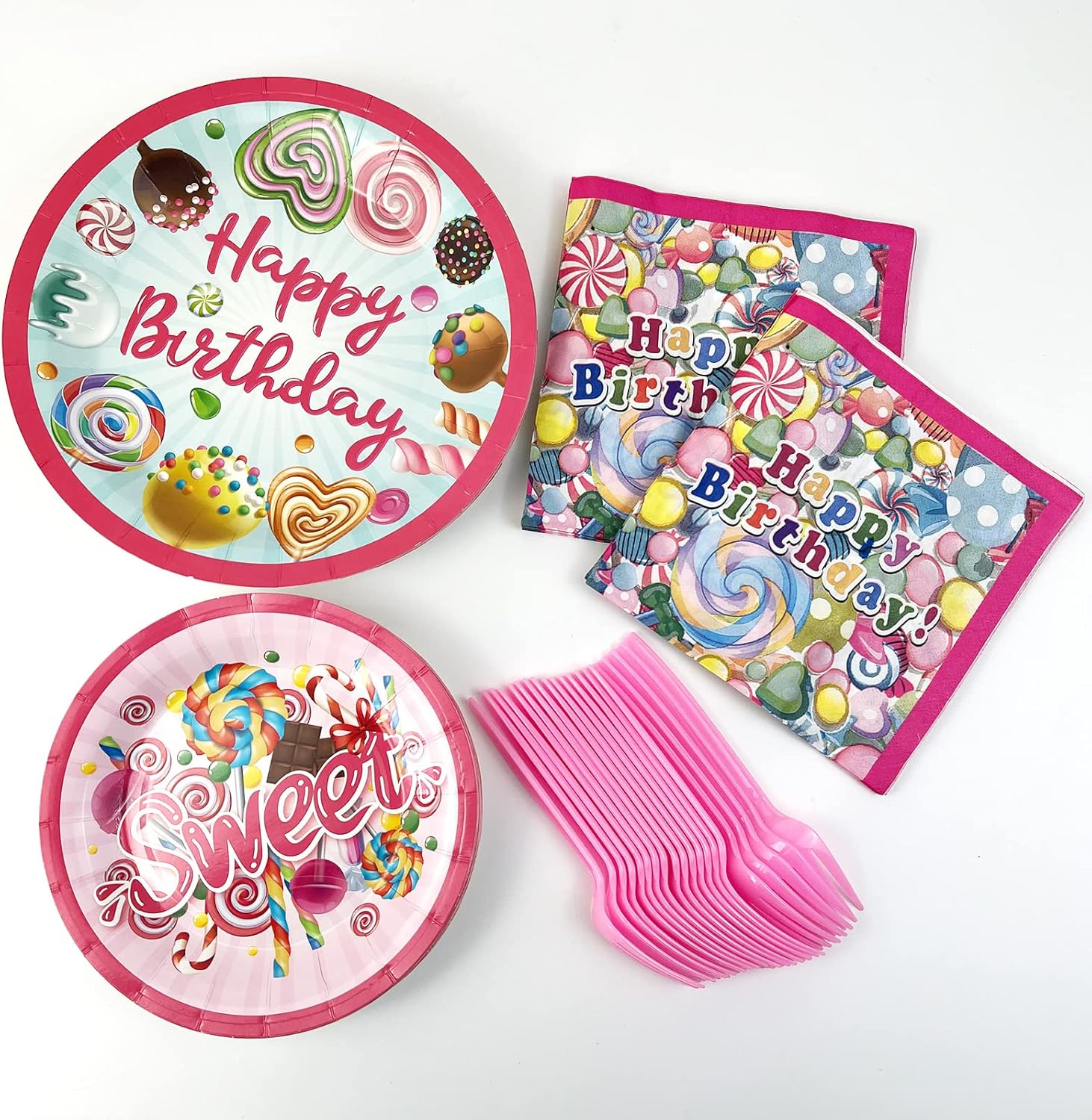 Rainmae Candyland Party Supplies – Juego de vajilla desechables con forma de dona, caramelos, servilletas, vasos, pancarta, para niñas, niños, baby