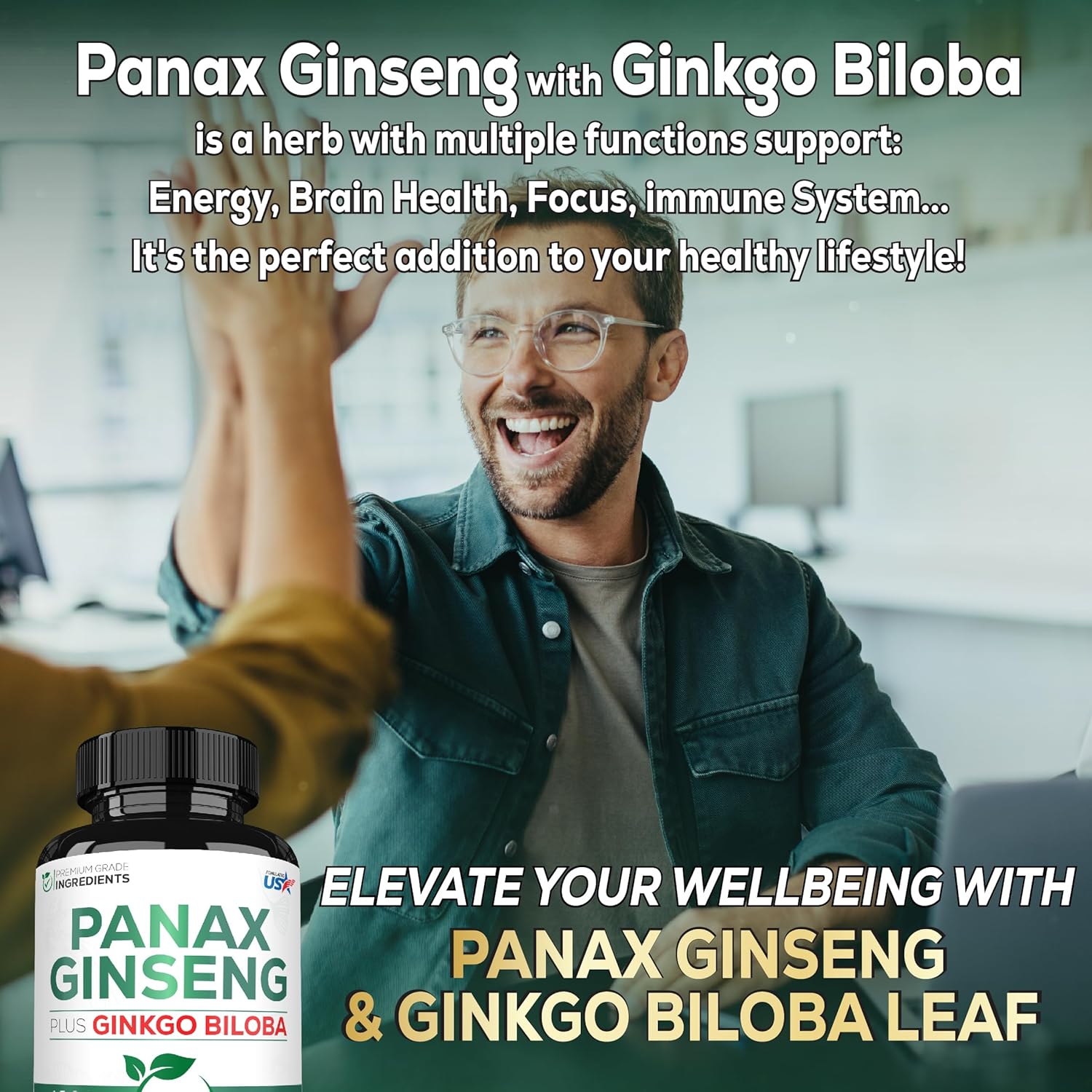 Suplemento de 1000 mg de Panax Ginseng y Ginkgo Biloba rojo coreano, 60 cápsulas veganas, sin gluten, sin OMG, producción de energía, salud