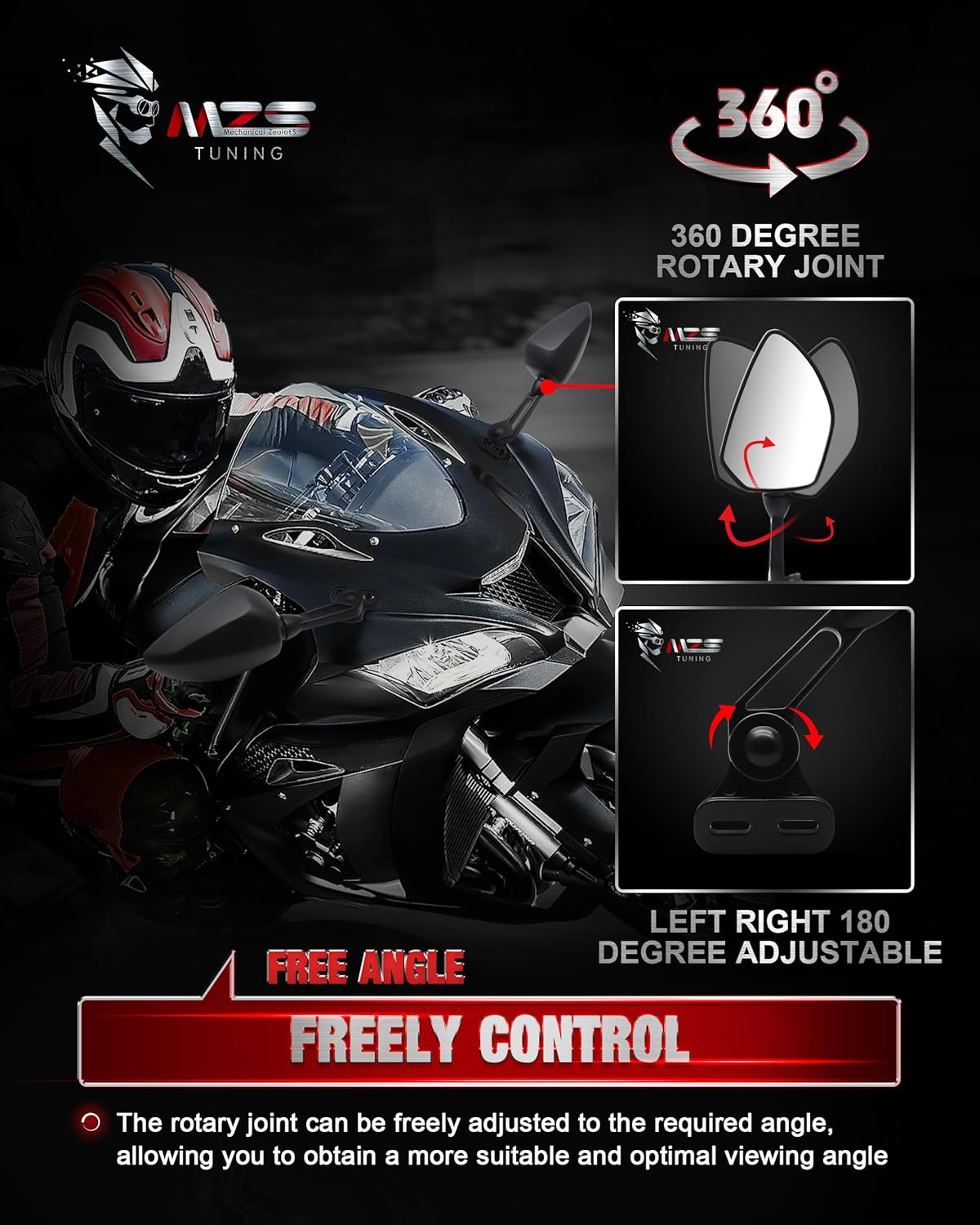 MZS Espejos de motocicleta de carreras, carenado retrovisor lateral ajustable negro compatible con YZF R1 R1M R6 R6S CBR600 F4 F4I CBR250R CBR300R
