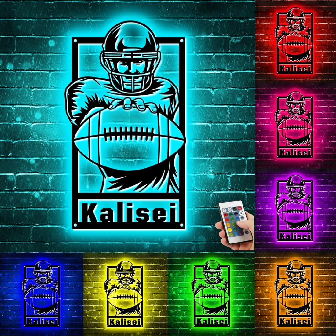 Letrero de metal personalizado para jugador de fútbol con luz LED, nombre y número personalizado, arte de pared de fútbol, letrero de neón con